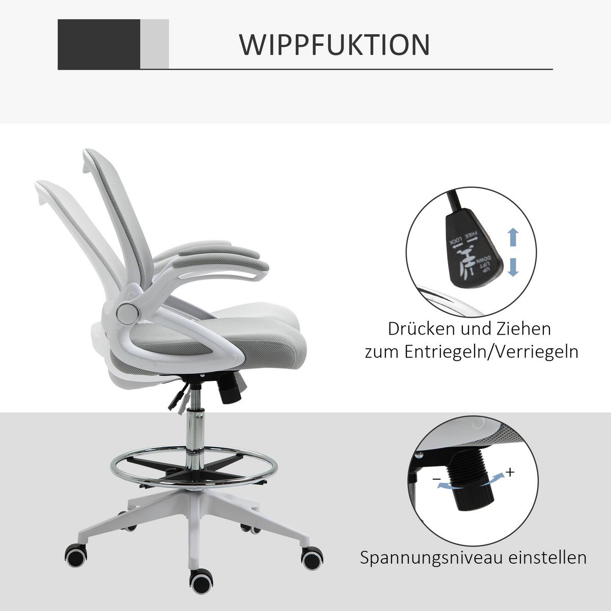 BÜROSTUHL Ergonomischer Schreibtischstuhl mit Hochklappbaren Armlehnen Netz - Hellgrau, Kunststoff (60/126/64cm) - Vinsetto