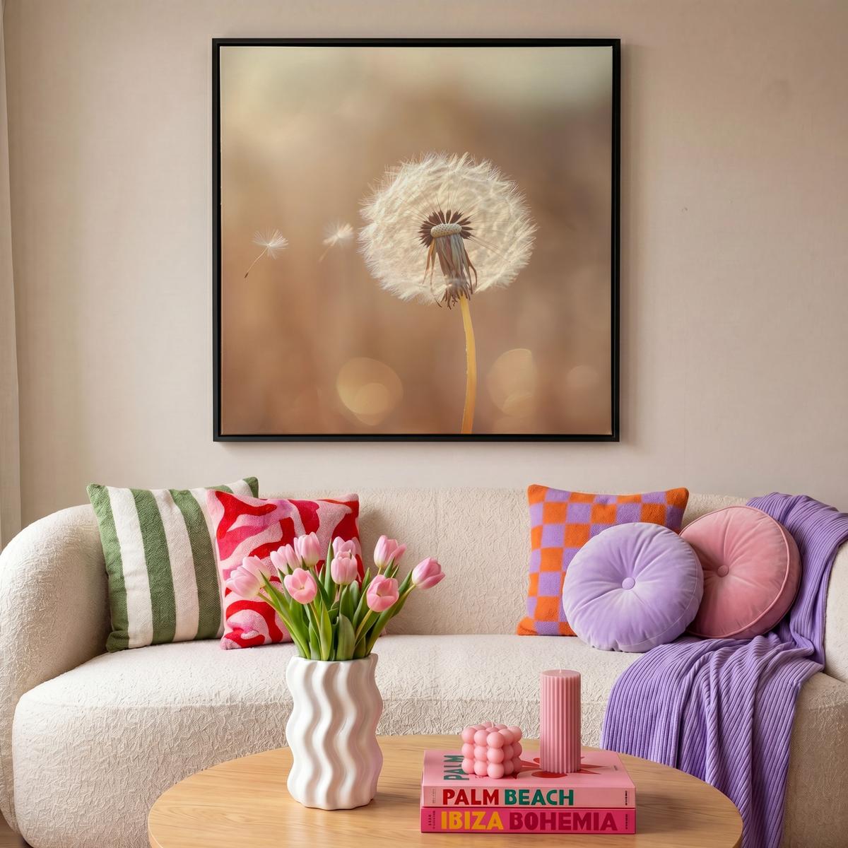 LEINWAND Bilder mit Rahmen - Löwenzahn - Beige - Natur - Blume - 90x90 - Hellbraun, Textil (90/90cm) - MuchoWow