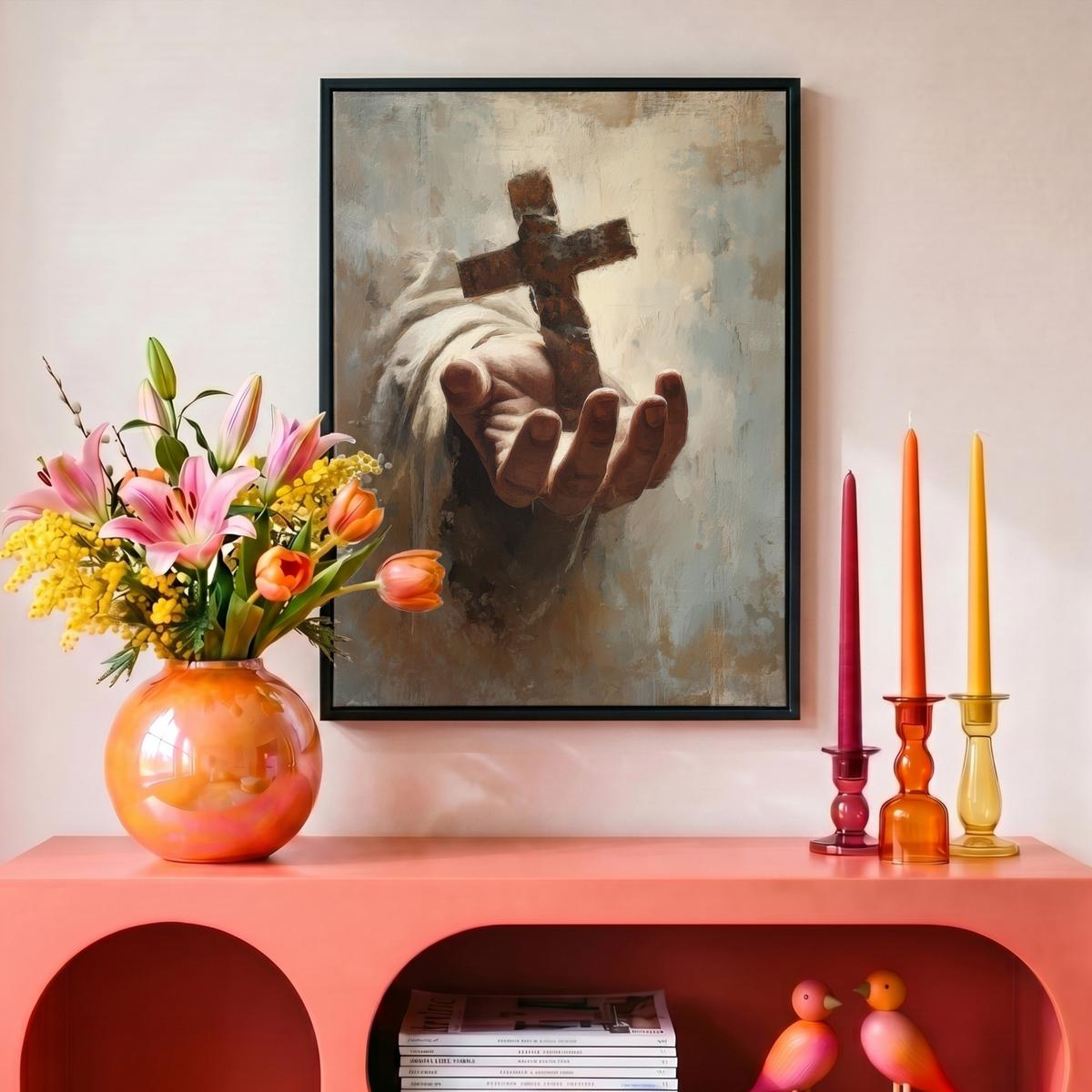 LEINWAND Bilder mit Rahmen - Abstrakt - Kreuz - Hand - Christentum - 30x40 - Hellbraun, Textil (30/40cm) - MuchoWow