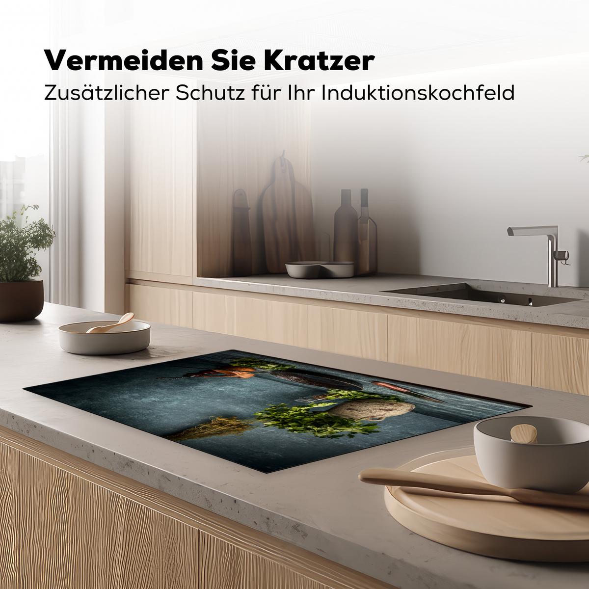 HERDABDECKPLATTE Kräuter - Gewürze - Pfanne - Messer - Grau - Rustikal Ceranfeldabdeckung 80x52 cm - Petrol, Kunststoff (80/52/0.2cm) - MuchoWow