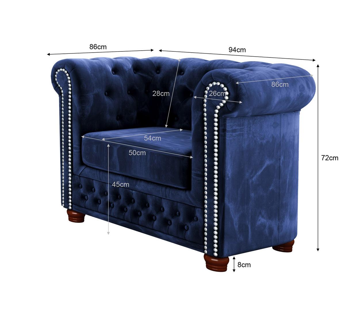 CHESTERFIELD-SESSEL Lauren Marineblau Samt - Dunkelblau/Braun, Holz/Textil (94/72/86cm) - S-Style Möbel
