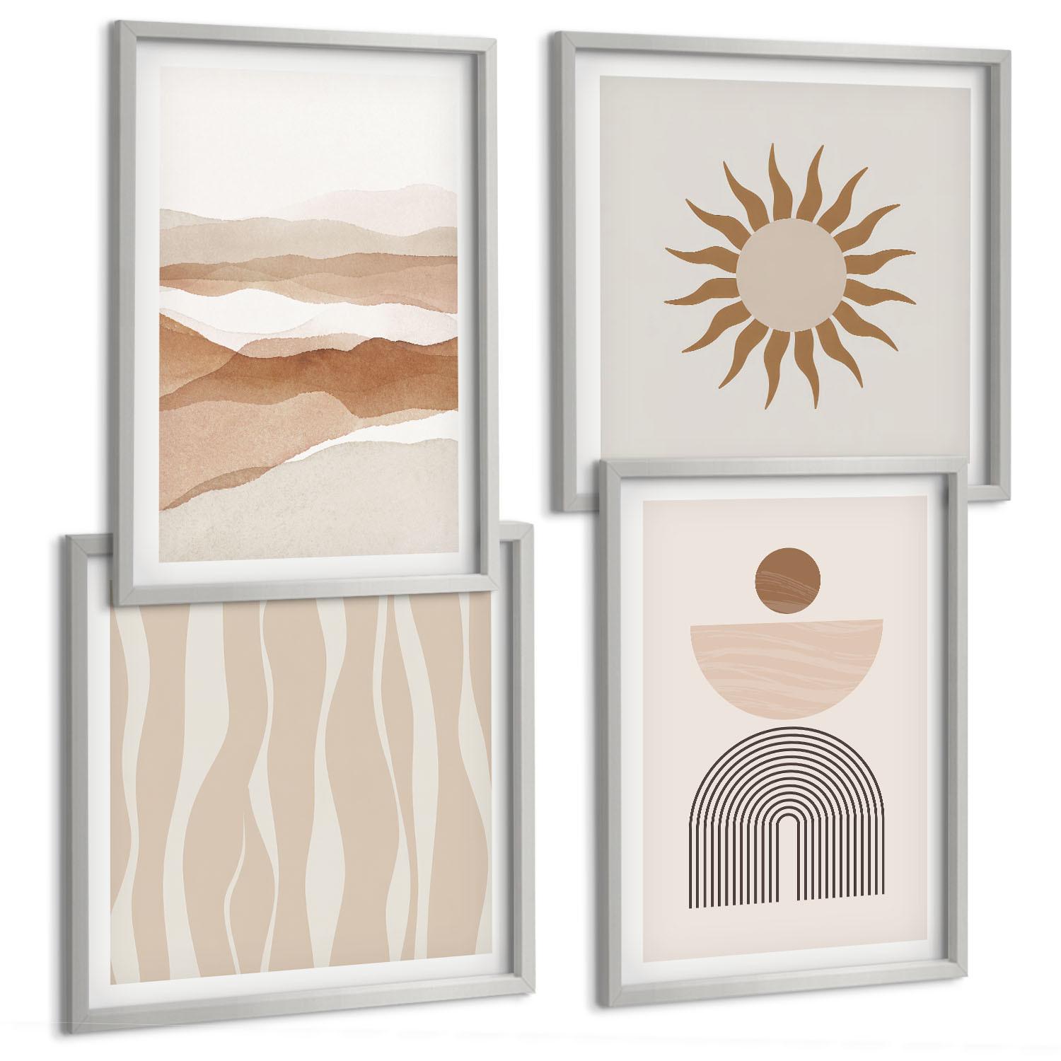BILDER SET 4er Set - 50x50 cm & 40x60 cm Silberner Rahmen - Abstrakte Landschafts- und Naturgeometrie - Silberfarben, Kunststoff (50/50cm) - TULUP