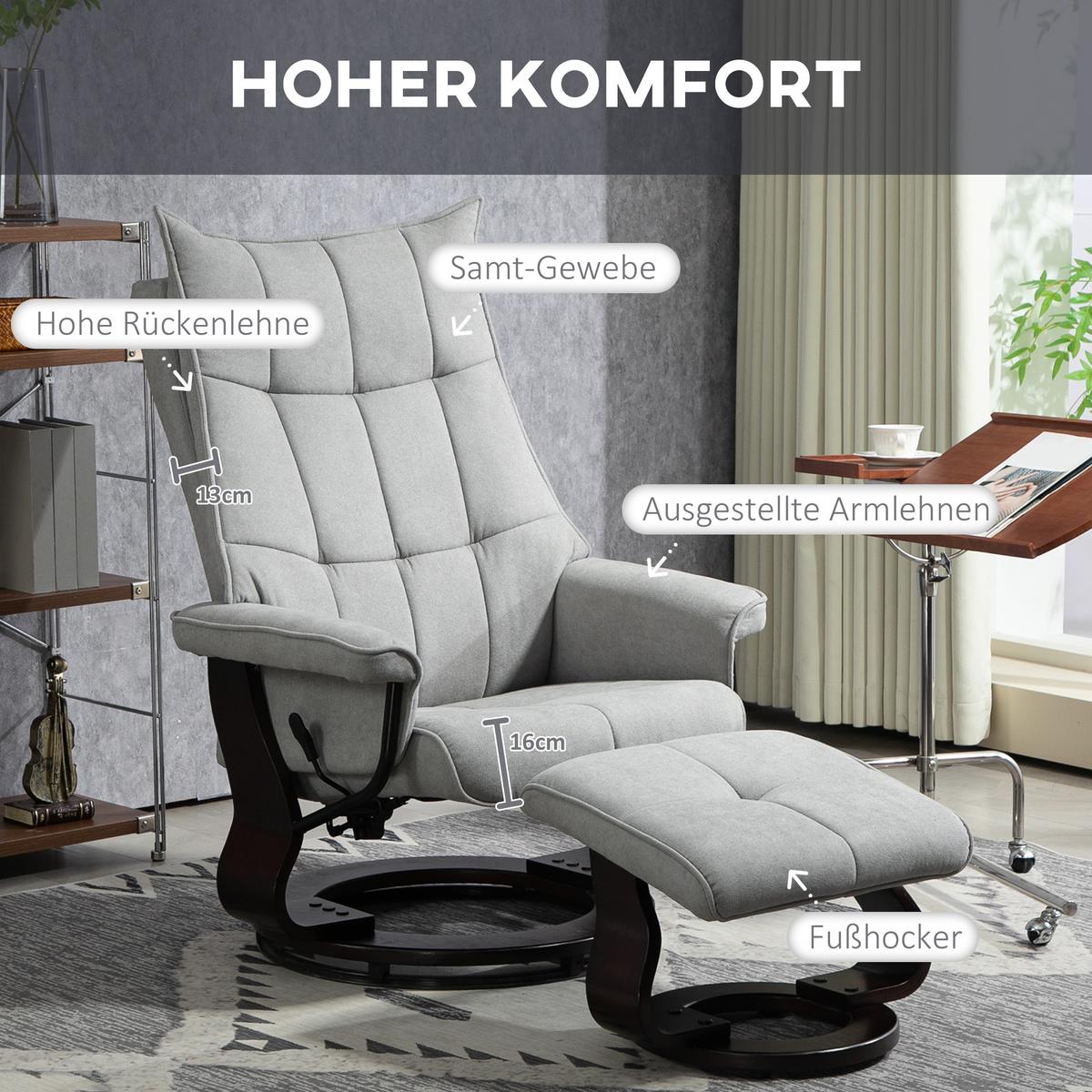 RELAXSESSEL mit Hocker, Drehbar Fernsehsessel mit Liegefunktion Samtoptik - Dunkelbraun/Grau, Holz/Textil (87/113/81cm) - HOMCOM
