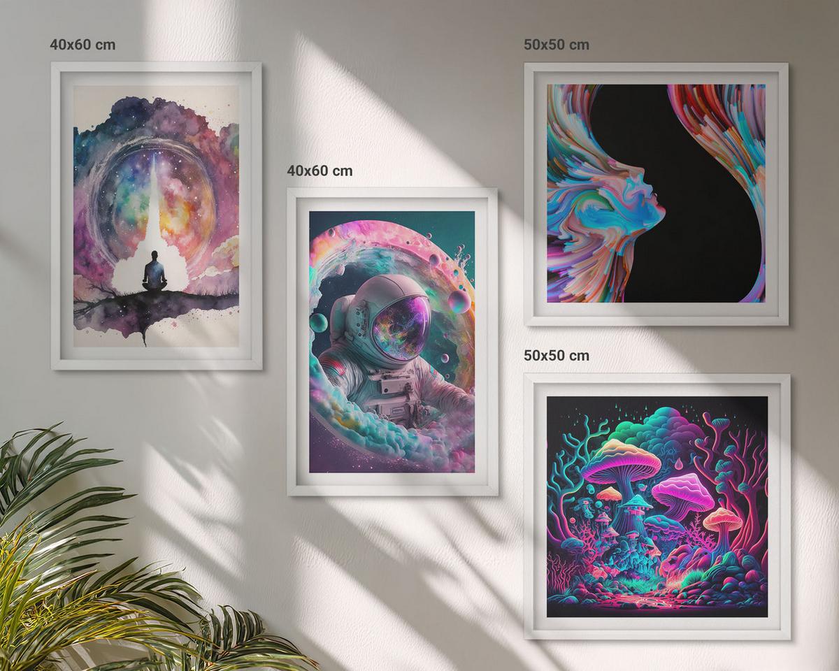 BILDER SET 4er Set - 50x50 cm & 40x60 cm Weißer Rahmen - Farbenfrohe Fantasy-Kunstillustrationen - Weiß, Kunststoff (50/50cm) - TULUP