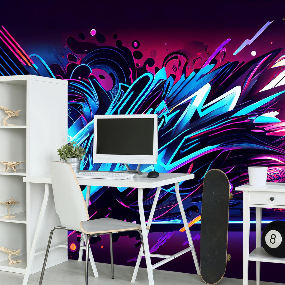 FOTOTAPETE für Jugendzimmer Neon Graffiti Schriften 300x210 - Blau/Gelb, Papier (300/210cm) - Muralo
