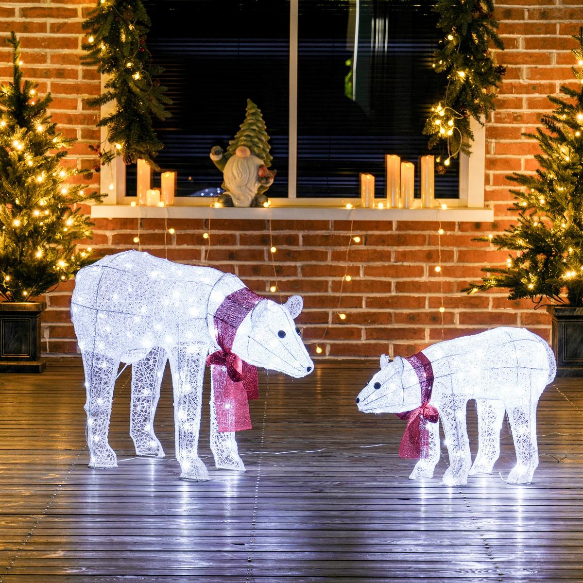 WEIHNACHTSDEKORATION Eisbärenfamilie Mutter und Jungtier mit Timer, LEDs - Weiß, Kunststoff (30/60/80cm) - Outsunny