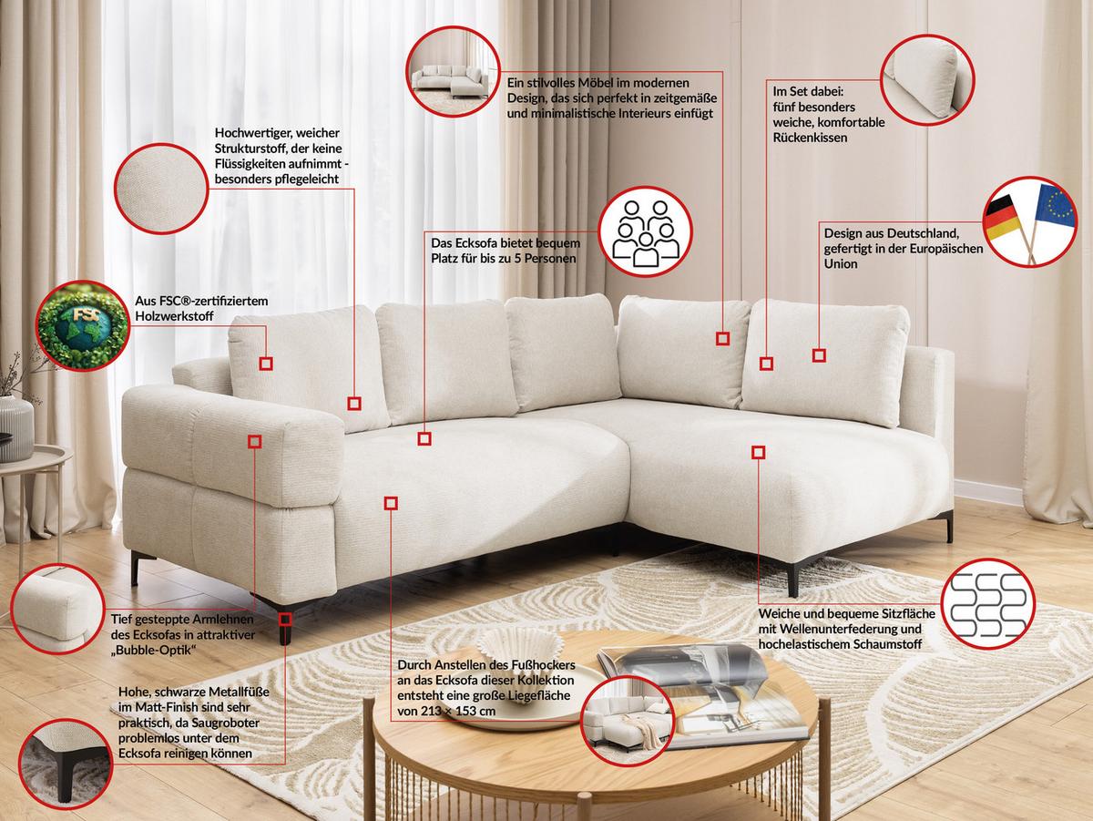 ECKSOFA Cardea in Bubble-Optik aus weichem Creme Strukturstoff mit hohem Sitzkomfort - Ottomane rechts - Creme/Schwarz, Holz/Textil (230/170cm) - S-Style