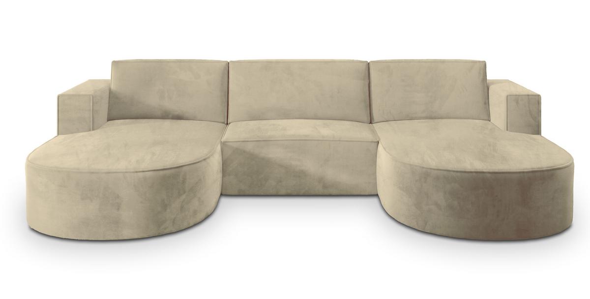 WOHNLANDSCHAFT VEZZO M Creme Velours-Stoff mit Schlaffunktion - Creme, Holz (347/85/174cm) - MASSENO
