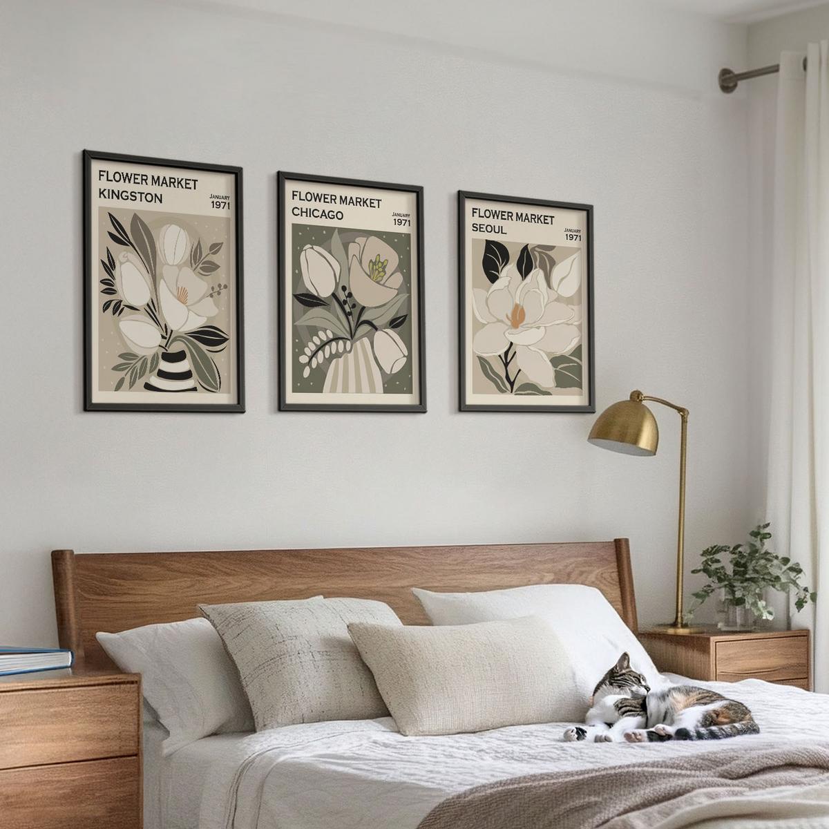 BILDER SET 3er Set - 40x60 cm Schwarzer Rahmen - Blumen Kingston Seoul Chicago Retro - Schwarz, Kunststoff (40/60cm) - TULUP