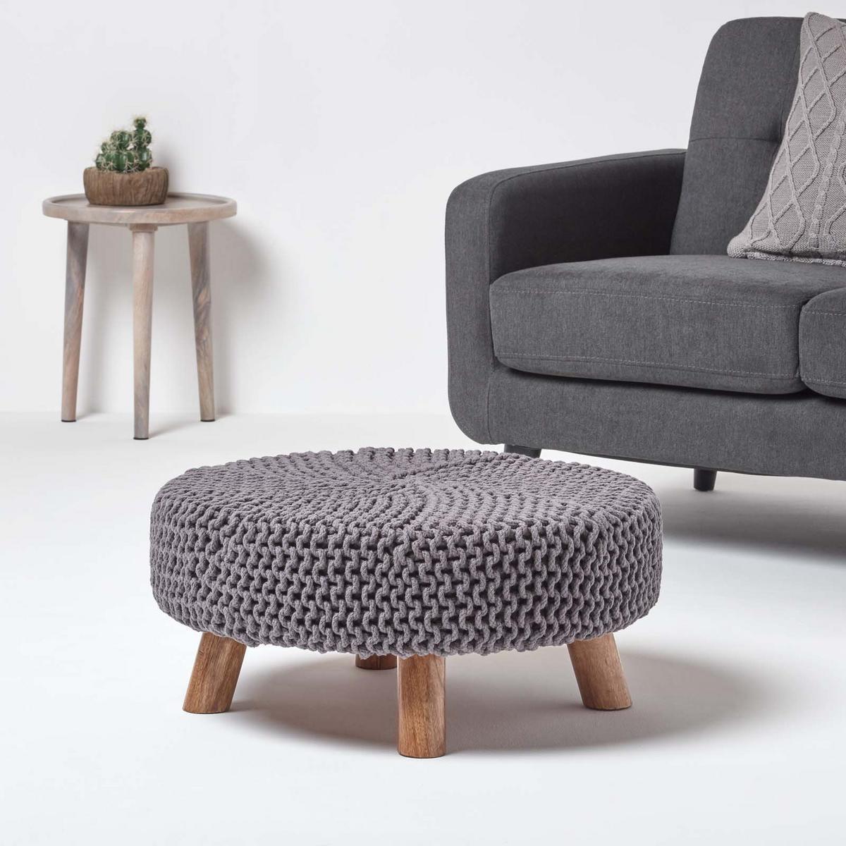 STRICK-HOCKER grau, rund 62/62/30 cm - Grau, Textil (62/30/62cm) - Homescapes