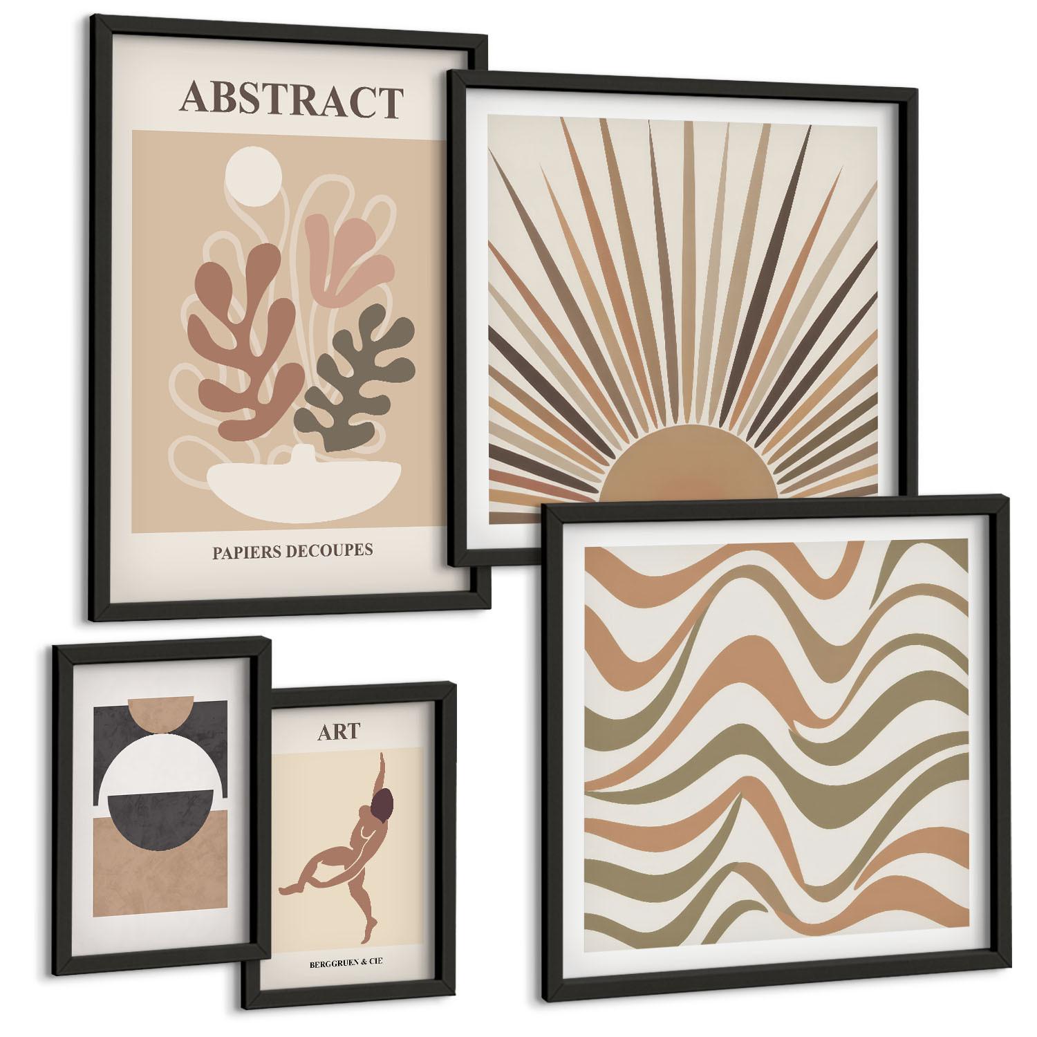 BILDER SET 5er Set - 50x50 cm & 20x30 cm & 40x60 cm Schwarzer Rahmen - Matisse Boho abstrakte Muster - Schwarz, Kunststoff (40/60cm) - TULUP