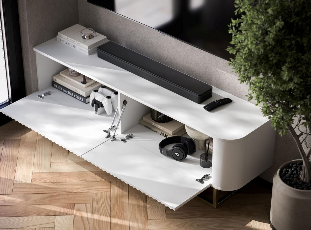 TV-LOWBOARD Aurora in Weiß matt 140 cm mit goldenem Metallrahmen - Schwarz/Weiß, Holzwerkstoff/Metall (140/44/35cm) - Meble Lindner