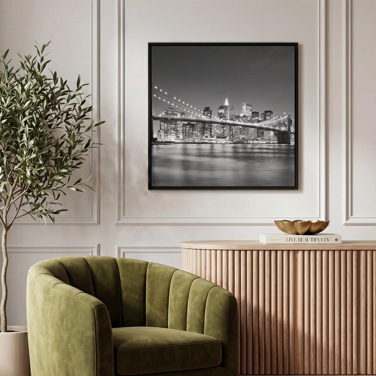 LEINWAND Bilder mit Rahmen - New York - Brücke - Brooklyn - Schwarz und weiß - Architektur - 50x50 - Schwarz, Textil (50/50cm) - MuchoWow