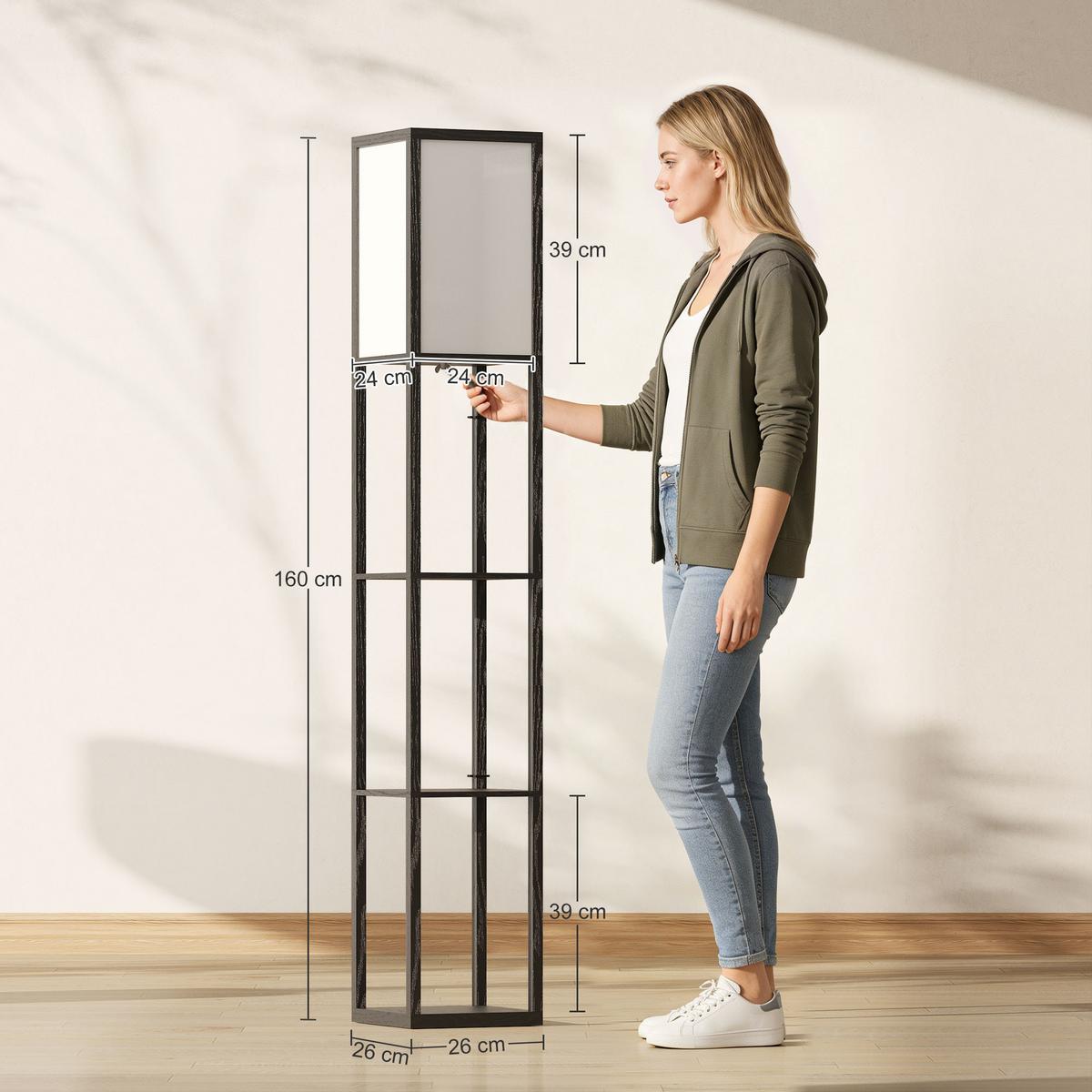 STEHLEUCHTE Beleuchtung E27 bis 40W mit 3 Regalen für Wohn-/Schlafzimmer Holz - Schwarz, Textil (26/26/160cm) - HOMCOM
