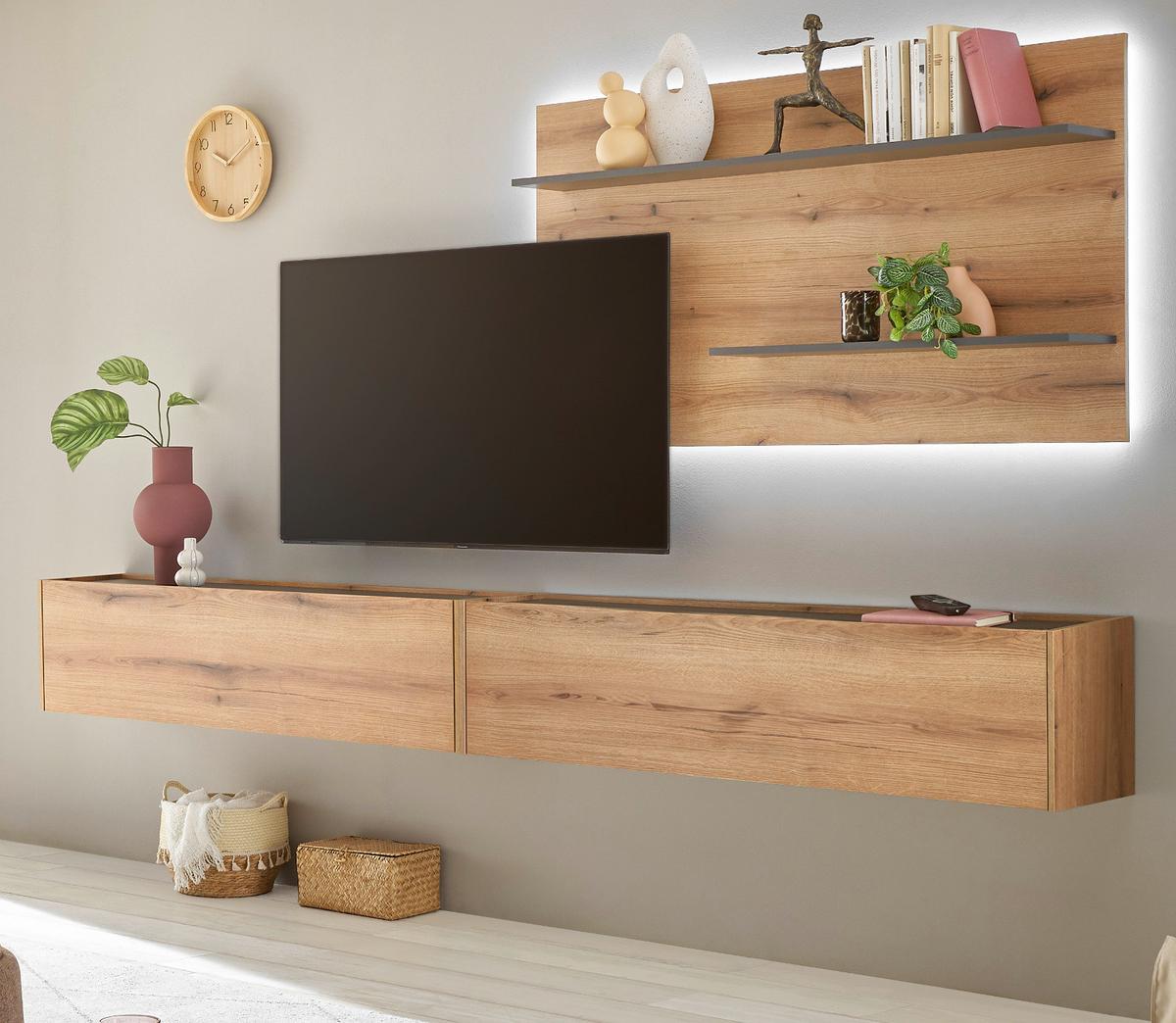 WOHNWAND Evoke Eiche, grau 3-teilig 300 cm hängend, Set inklusive Beleuchtung - Eichefarben/Grau, Holzwerkstoff/Metall (300/180/30cm) - Furn.Design