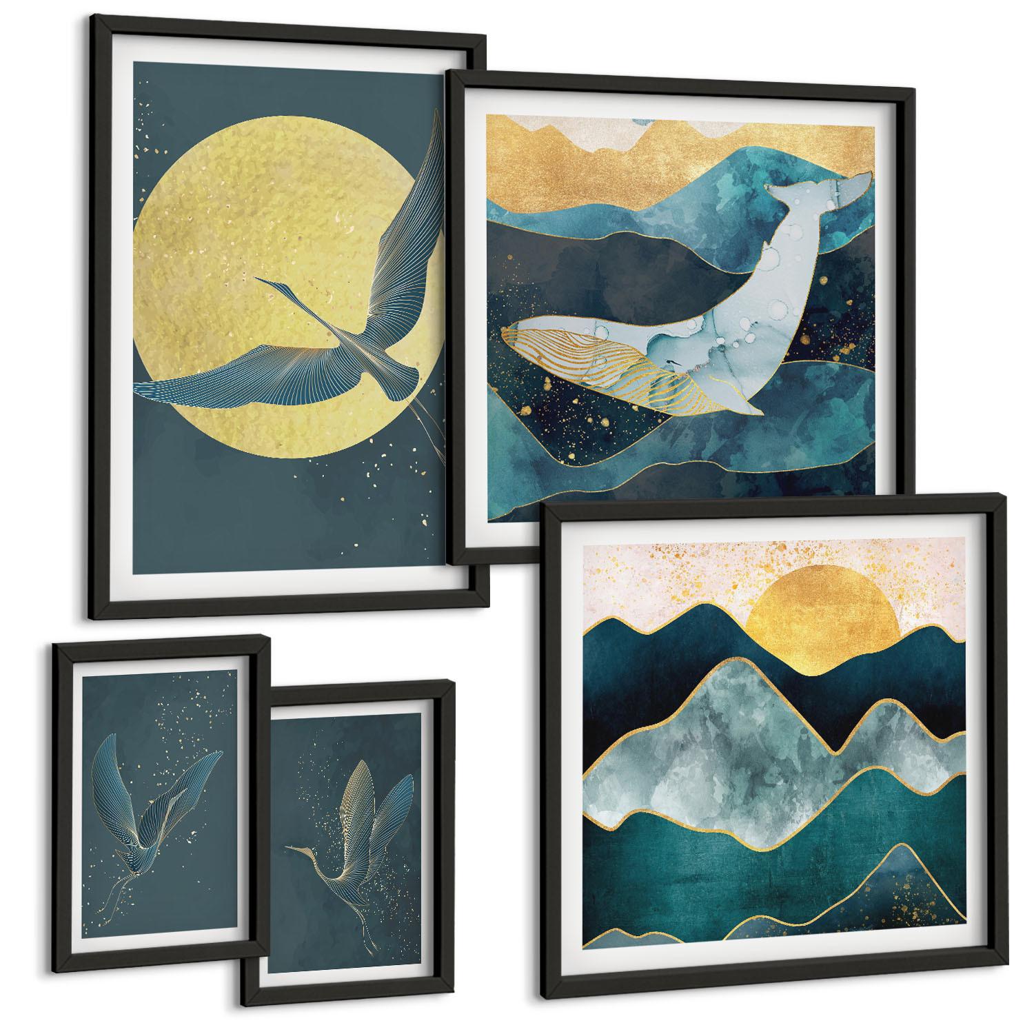 BILDER SET 5er Set - 50x50 cm & 20x30 cm & 40x60 cm Schwarzer Rahmen - Vögel, Kraniche, Mond, Berge - Schwarz, Kunststoff (40/60cm) - TULUP