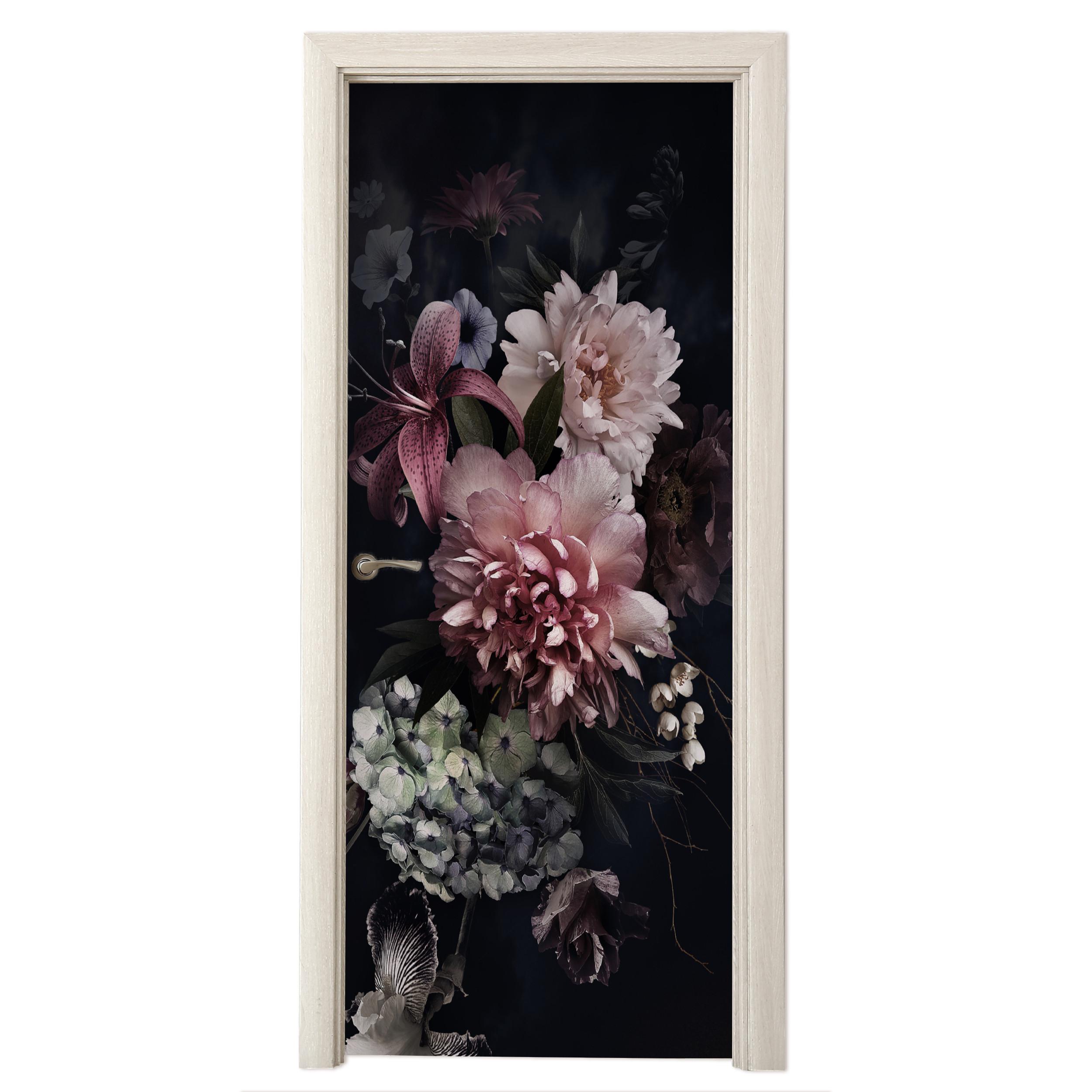 TÜRAUFKLEBER Selbstklebend - Blumen - Vintage - Pastell - Rosa - Weiß 85x205 cm - Türtapete - Altrosa, Kunststoff (85/205cm) - MuchoWow