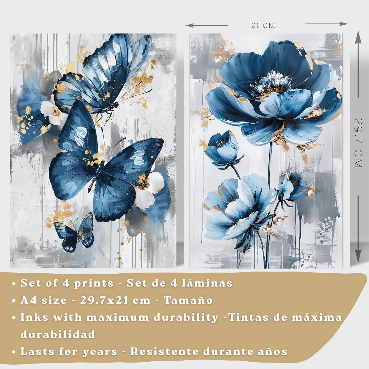POSTER 4er Kunstdruck-Set Wandbilder Blumen Blau Schmetterlinge modern Wohnzimmer Deko, Schlafzimmer, Küche, Badezimmer Rahmenlos A4 - Beige, Papier (29.7/1/21cm) - Nacnic