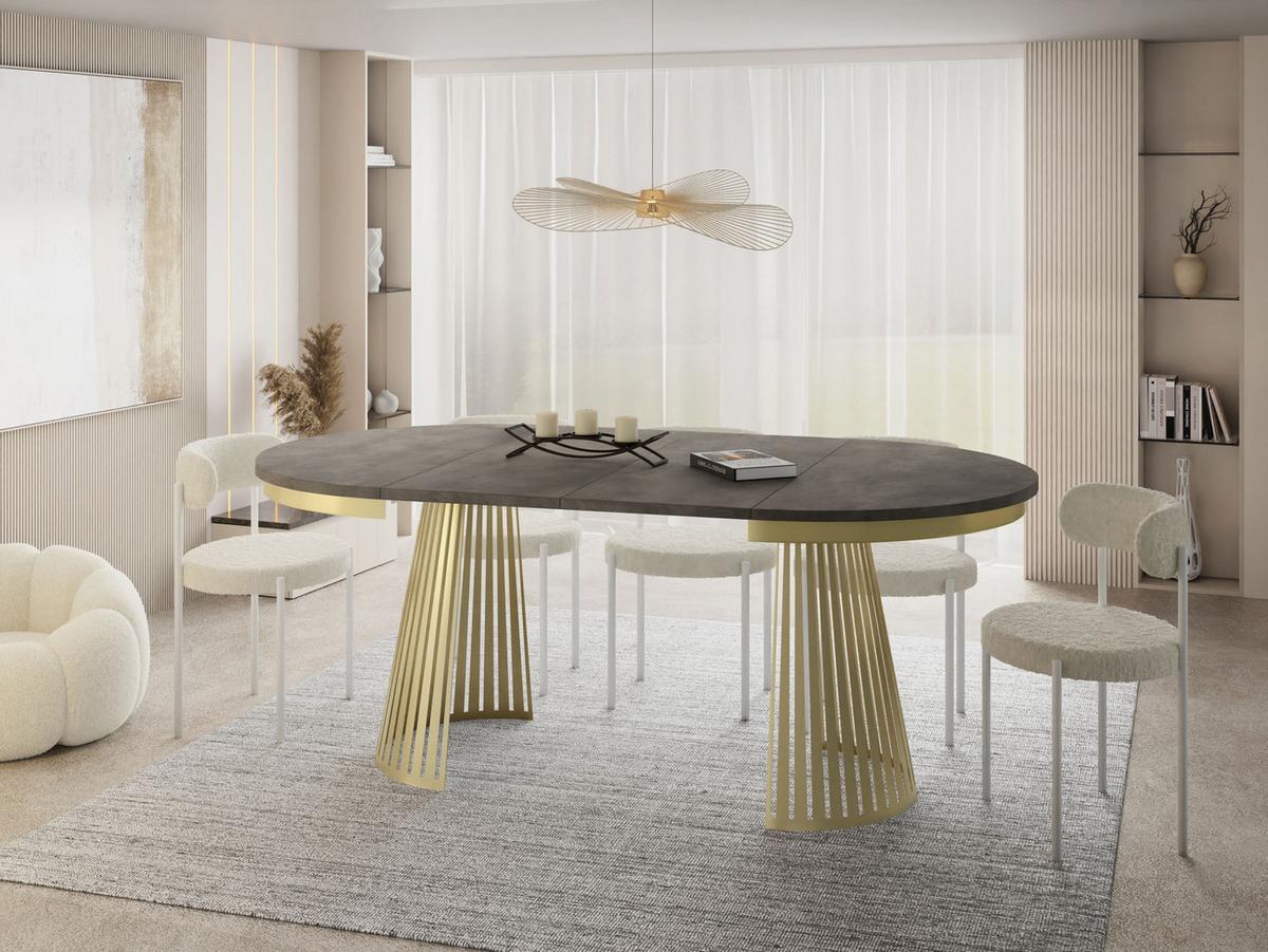 ESSTISCH Naro rund ausziehbar mit Goldem Lamellen-Metallgestell, Beton-Optik Dunkelgrau 120-200/120/76 cm - Dunkelgrau/Goldfarben, Holzwerkstoff/Metall (100/200/76cm) - WFL GROUP