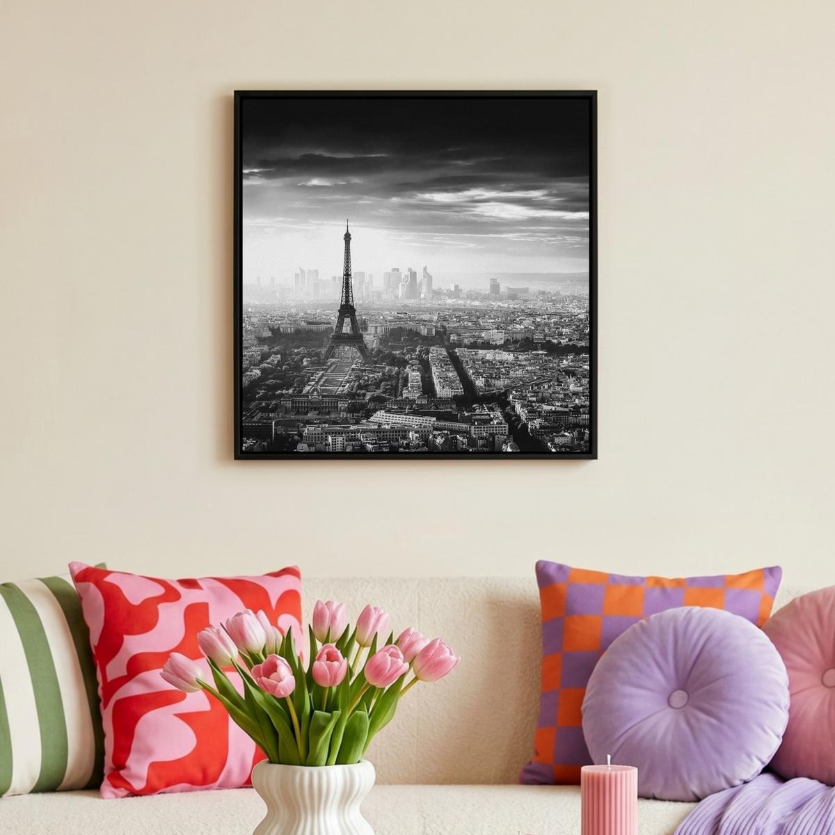 LEINWAND Bilder mit Rahmen - Paris - Skyline - Eiffelturm - Stadt - Wolken - 50x50 - Dunkelgrau, Textil (50/50cm) - MuchoWow