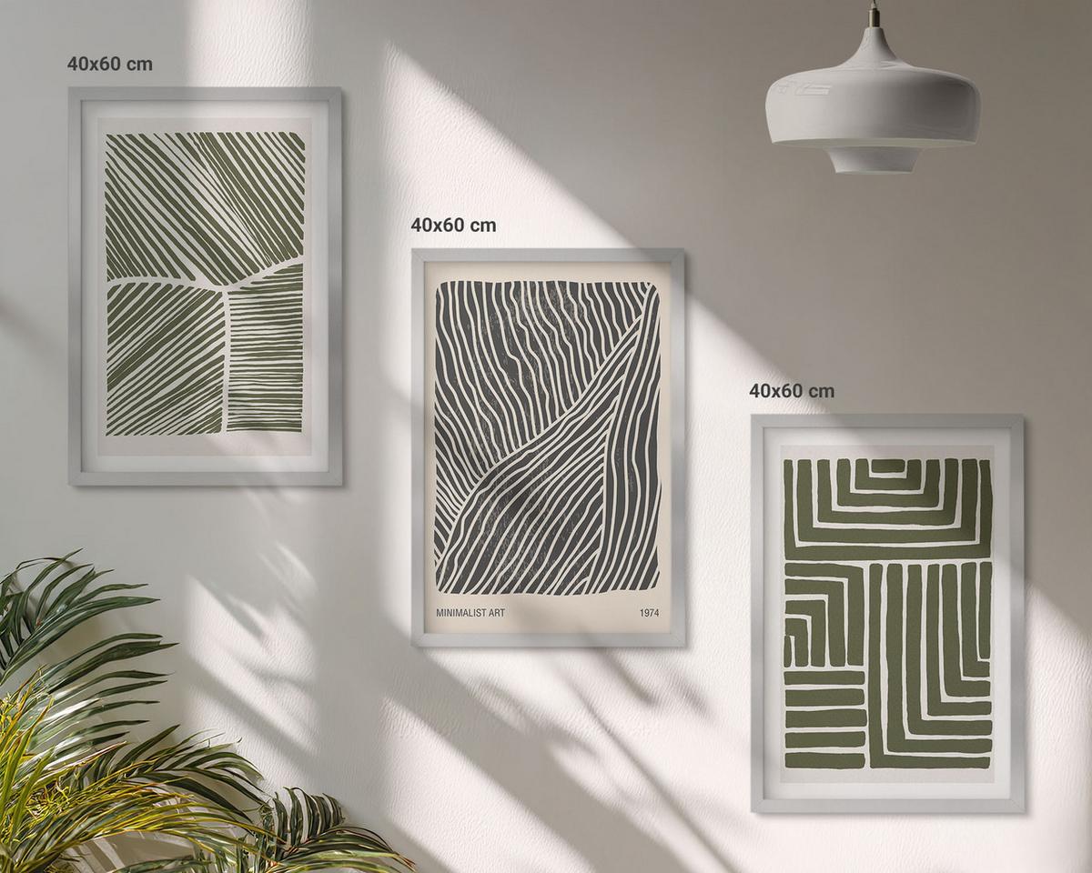 BILDER SET 3er Set - 40x60 cm Silberner Rahmen - Muster Linien Formen grün - Silberfarben, Kunststoff (40/60cm) - TULUP