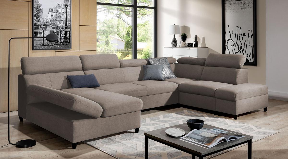 WOHNLANDSCHAFT Olettio Braun 342/205/96 cm – großes Sofa mit Schlaffunktion R - Schwarz/Braun, Holz/Textil (342/96/205cm) - AX Living