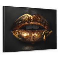 LEINWAND Bilder mit Rahmen - Frau - Porträt - Lippen - Gold - Schwarz - 70x50 - Schwarz, Textil (70/50cm) - MuchoWow
