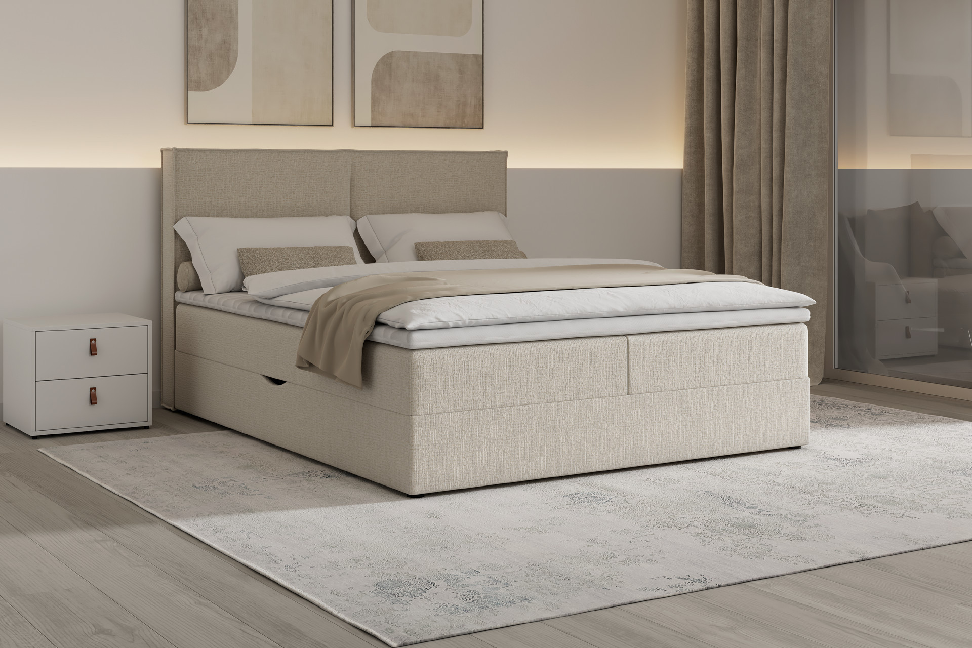 Boxspringbett in Beige mit weißem Nachtkästchen auf weißem Teppich