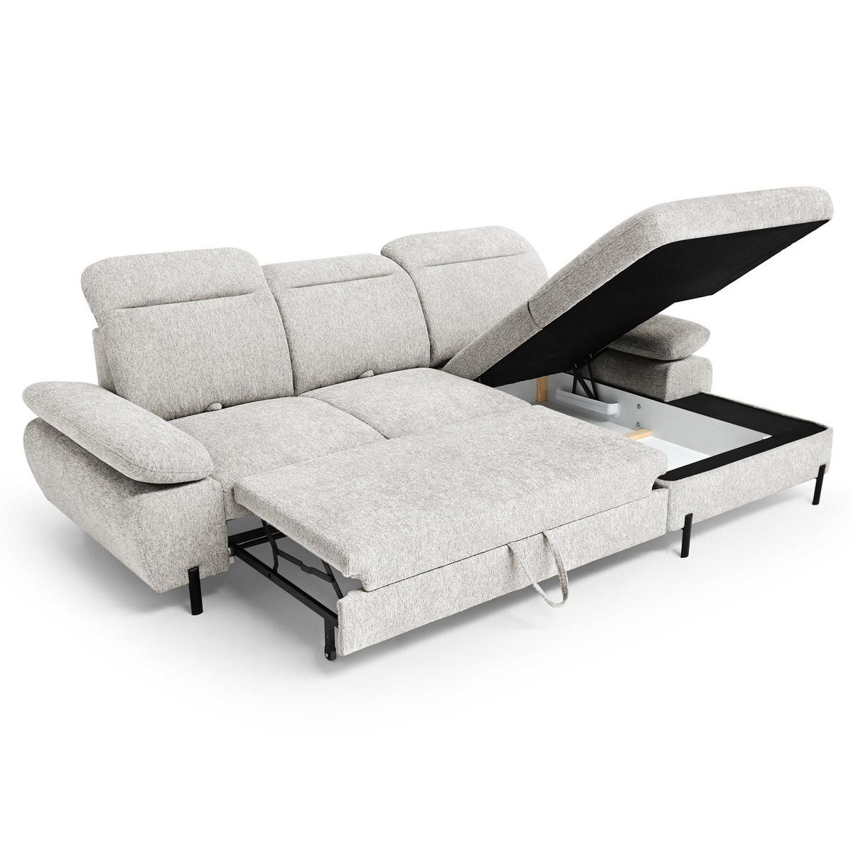 ECKSCHLAFSOFA Sora Mini mit verstellbaren Kopfstützen und Schlaffunktion, Chenille-Stoff, Beige, Rechts - Beige/Schwarz, Textil (190/285cm) - Beautysofa