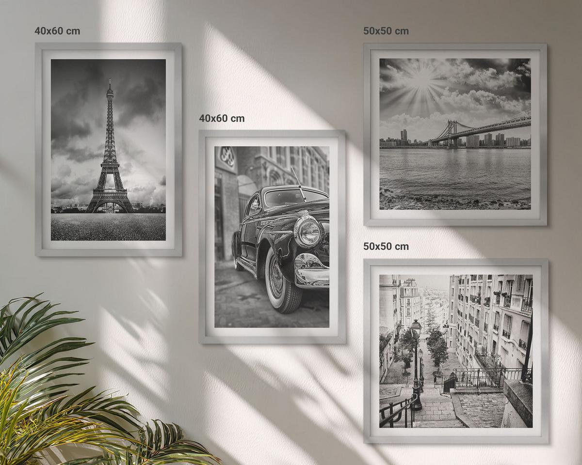 BILDER SET 4er Set - 50x50 cm & 40x60 cm Silberner Rahmen - Stadtansichten, Brücken, Eiffelturm, Auto - Silberfarben, Kunststoff (50/50cm) - TULUP