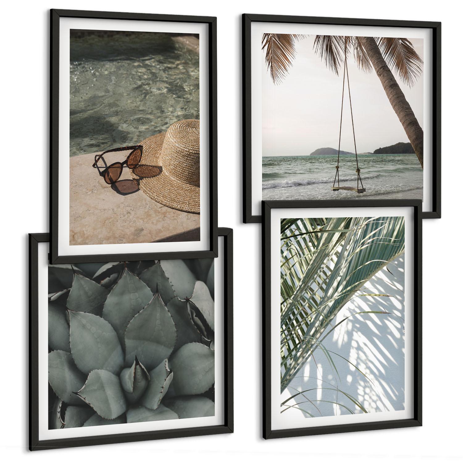 BILDER SET 4er Set - 50x50 cm & 40x60 cm Schwarzer Rahmen - Tropische Pflanzen für den Urlaub - Schwarz, Kunststoff (50/50cm) - TULUP