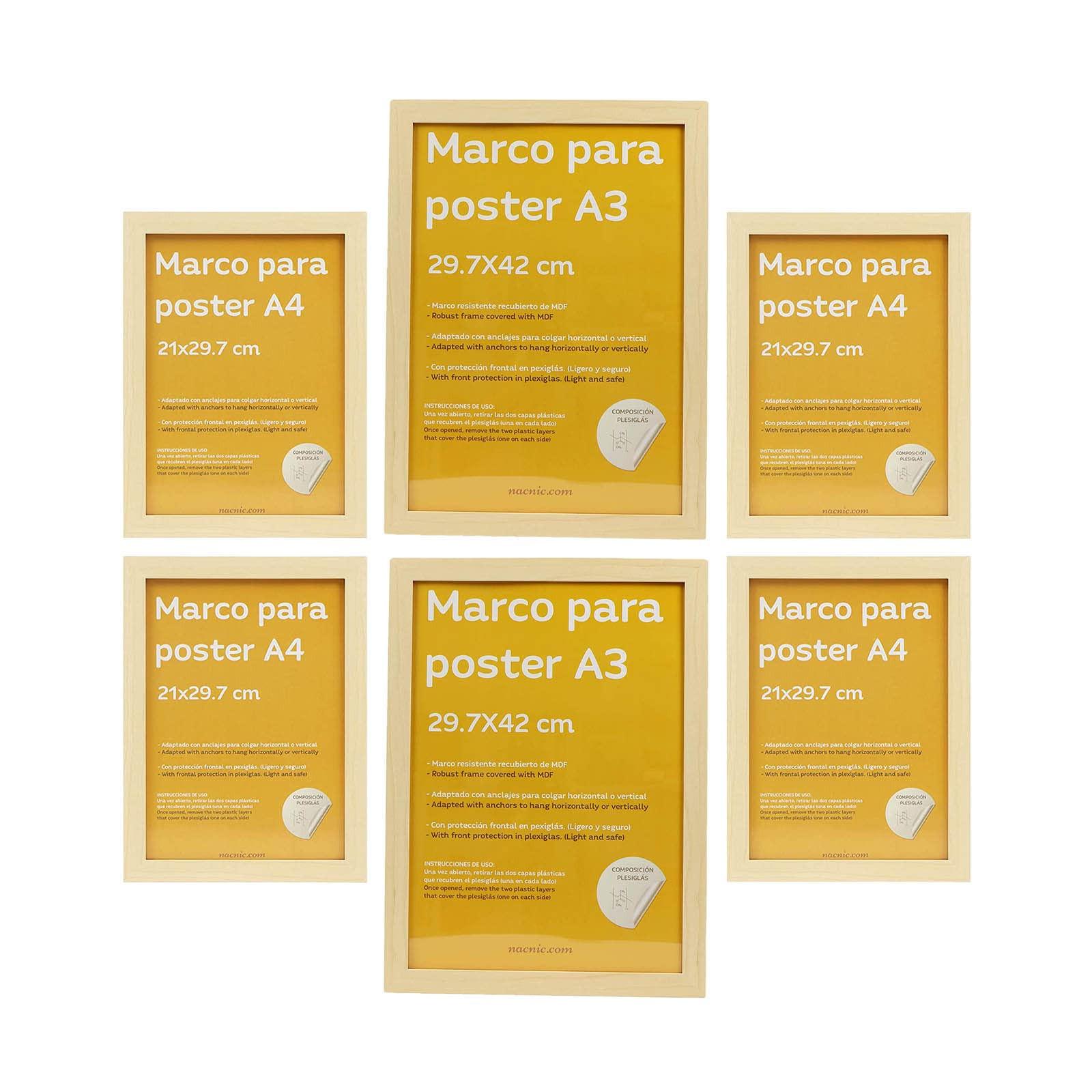 RAHMEN Set mit 6 aus MDF und Acrylglas Schutz und Aussteller für Fotografien, Bilder, Poster, Gemälde, Dekoration für Haus Farbe Hellholz A3 & A4 - Beige, Holz (29.7/3cm) - Nacnic
