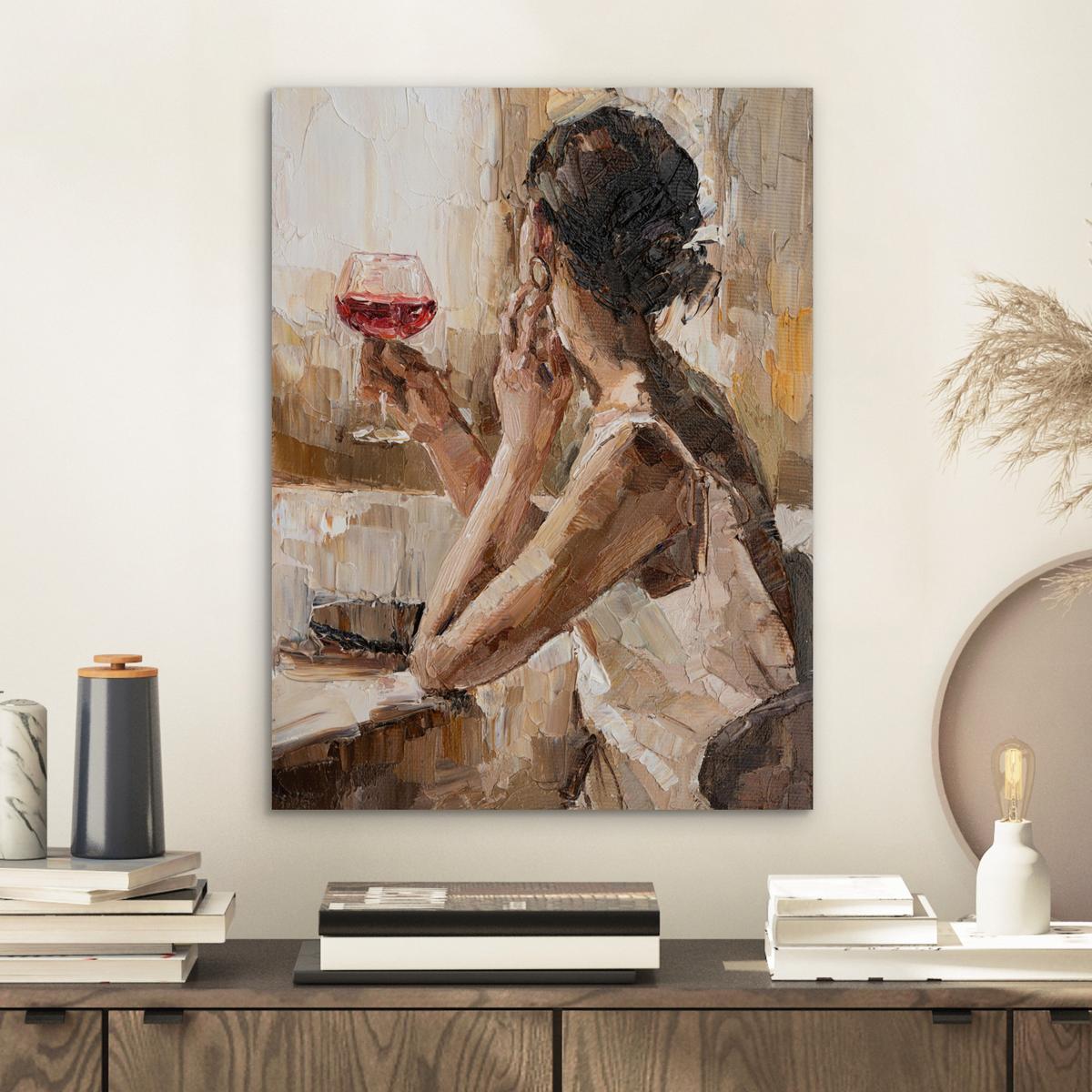 METALLBILD Ölgemälde - Frau - Wein 30x40 cm - Hellbraun, Metall (30/40cm) - MuchoWow