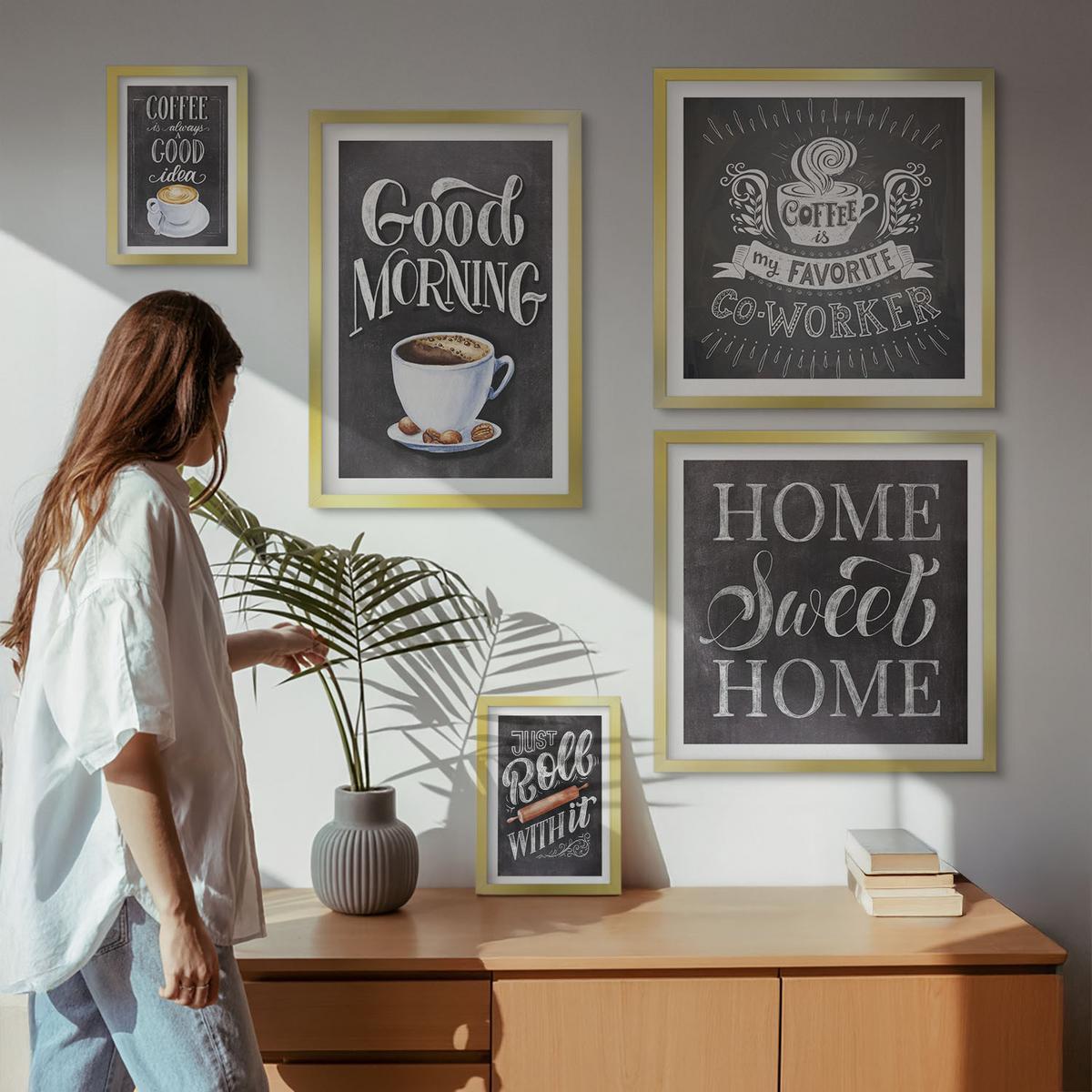 BILDER SET 5er Set - 50x50 cm & 20x30 cm & 40x60 cm Goldrahmen - Kaffeeroller, heimelige Wärme - Goldfarben, Kunststoff (40/60cm) - TULUP