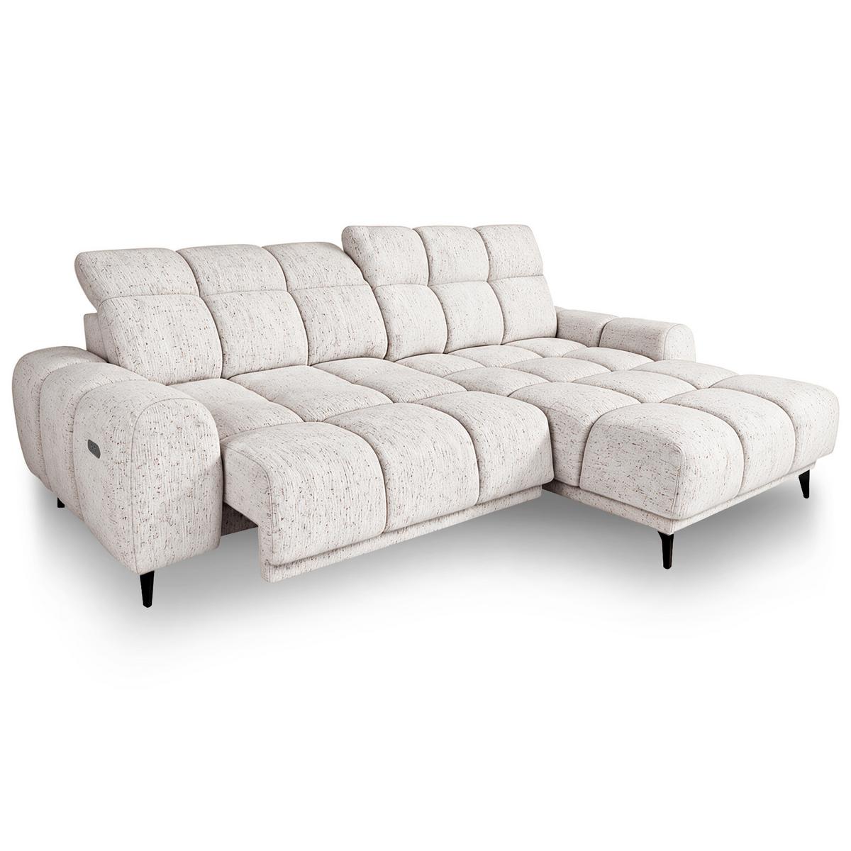 ECKSOFA Marco Mini mit elektrisch ausfahrbarem Sitz und verstellbaren Kopfstützen, Rechts, Chenille-Stoff, Creme - Creme/Schwarz, Textil (275/182cm) - Beautysofa