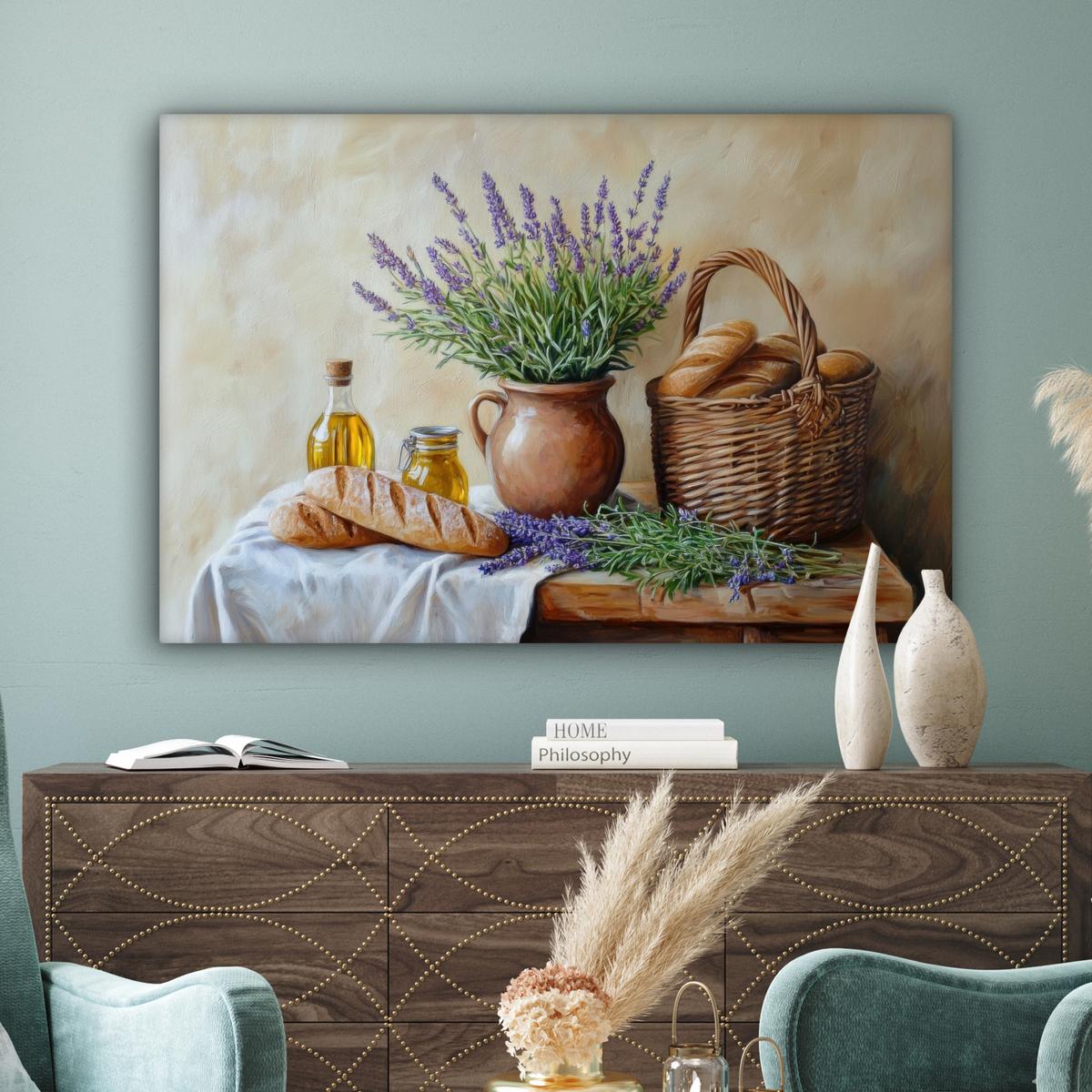 LEINWANDBILD Lavendel - Brot - Stilleben Groß 140x90 cm - Flieder, Textil (140/90cm) - MuchoWow