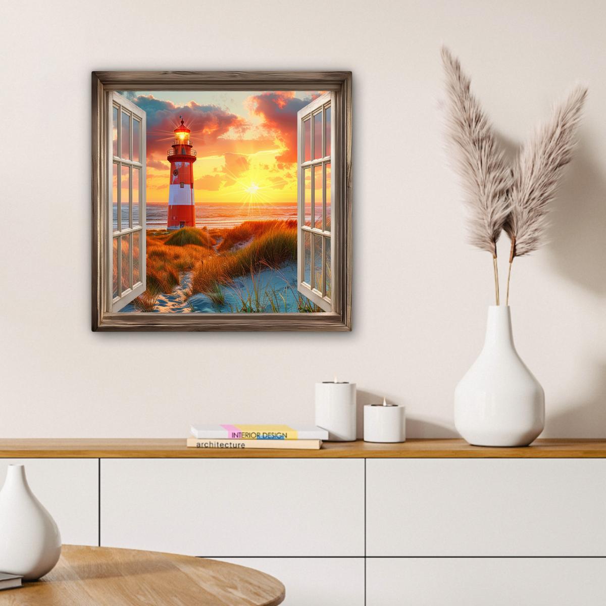 LEINWANDBILD Aussicht - Fenster - Leuchtturm - Sonnenuntergang - Strand Wandbild Wohnzimmer 50x50 cm - Dunkelorange, Textil (50/50cm) - MuchoWow