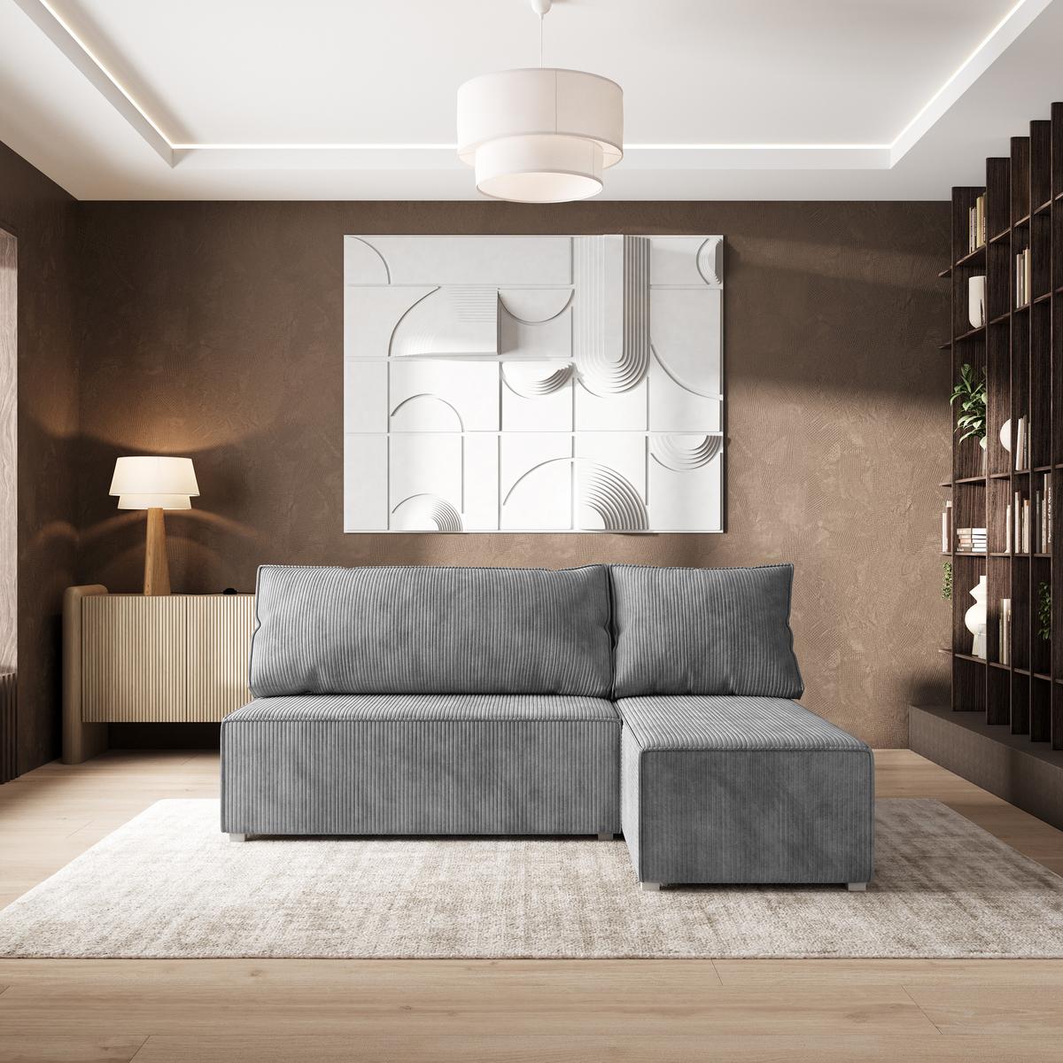 ECKSOFA BRISO P Hellgrau Kordstoff mit Schlaffunktion - Hellgrau/Grau, Holz/Kunststoff (200/140cm) - MASSENO