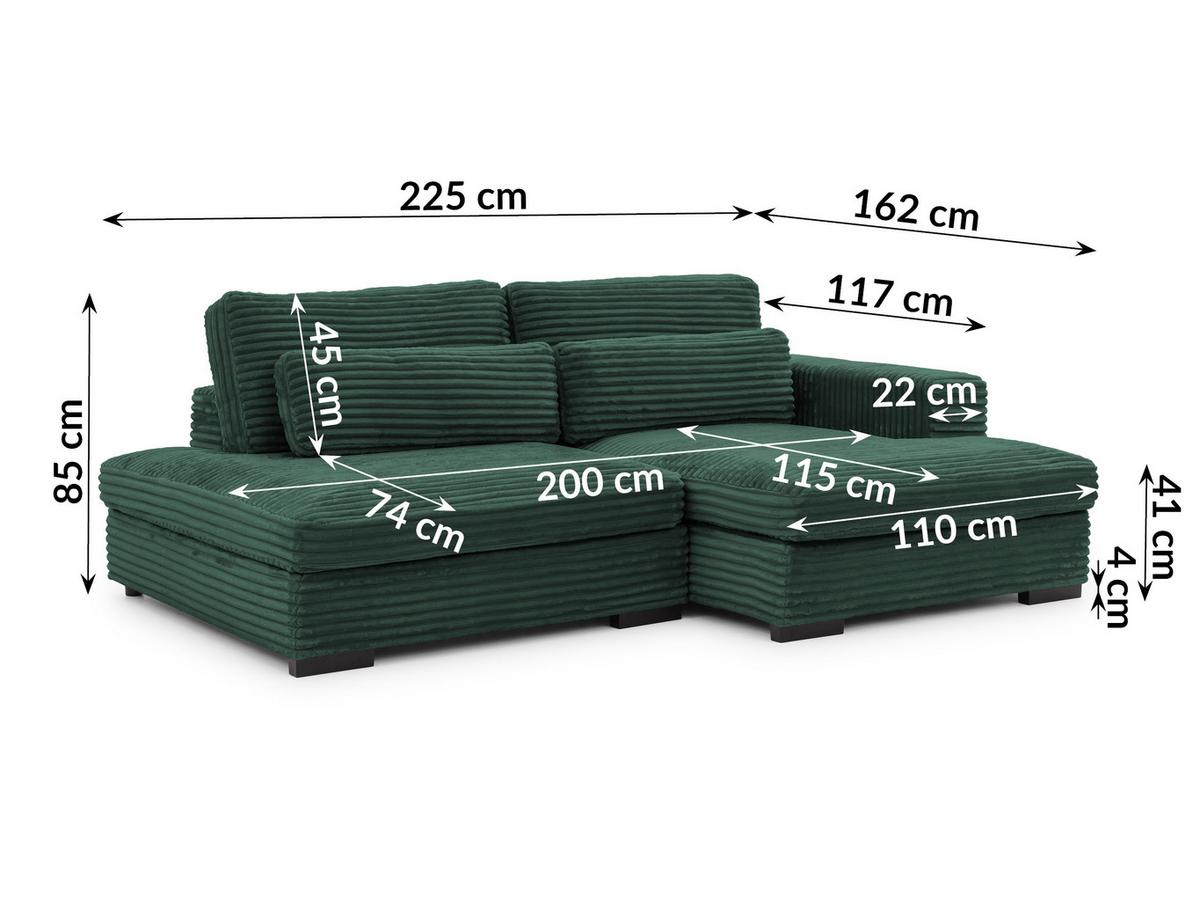 ECKSOFA Wolke mit tiefer Sitzfläche, Schlaffunktion und praktischem Bettkasten aus weichem Grün Cordstoff - Schwarz/Grün, Holz/Kunststoff (225/162cm) - S-Style