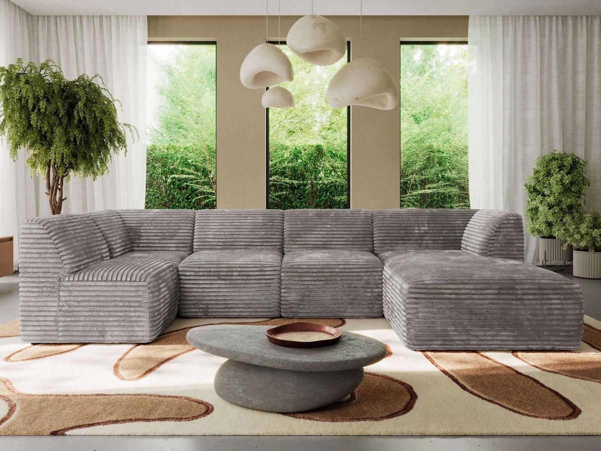 WOHNLANDSCHAFT MODARO U 6M - Hellbraun Cord - Rechts - Hellbraun/Schwarz, Textil (345/78/180cm) - MKS
