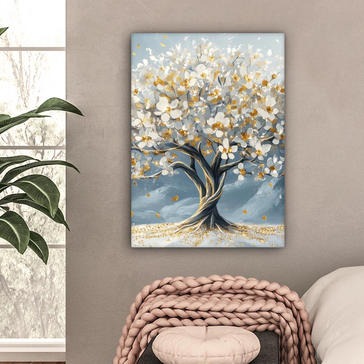 LEINWANDBILD Baum - Winter - Baum des Lebens - Modern - Gold Wandbild Wohnzimmer 60x80 cm - Goldfarben, Textil (60/80cm) - MuchoWow