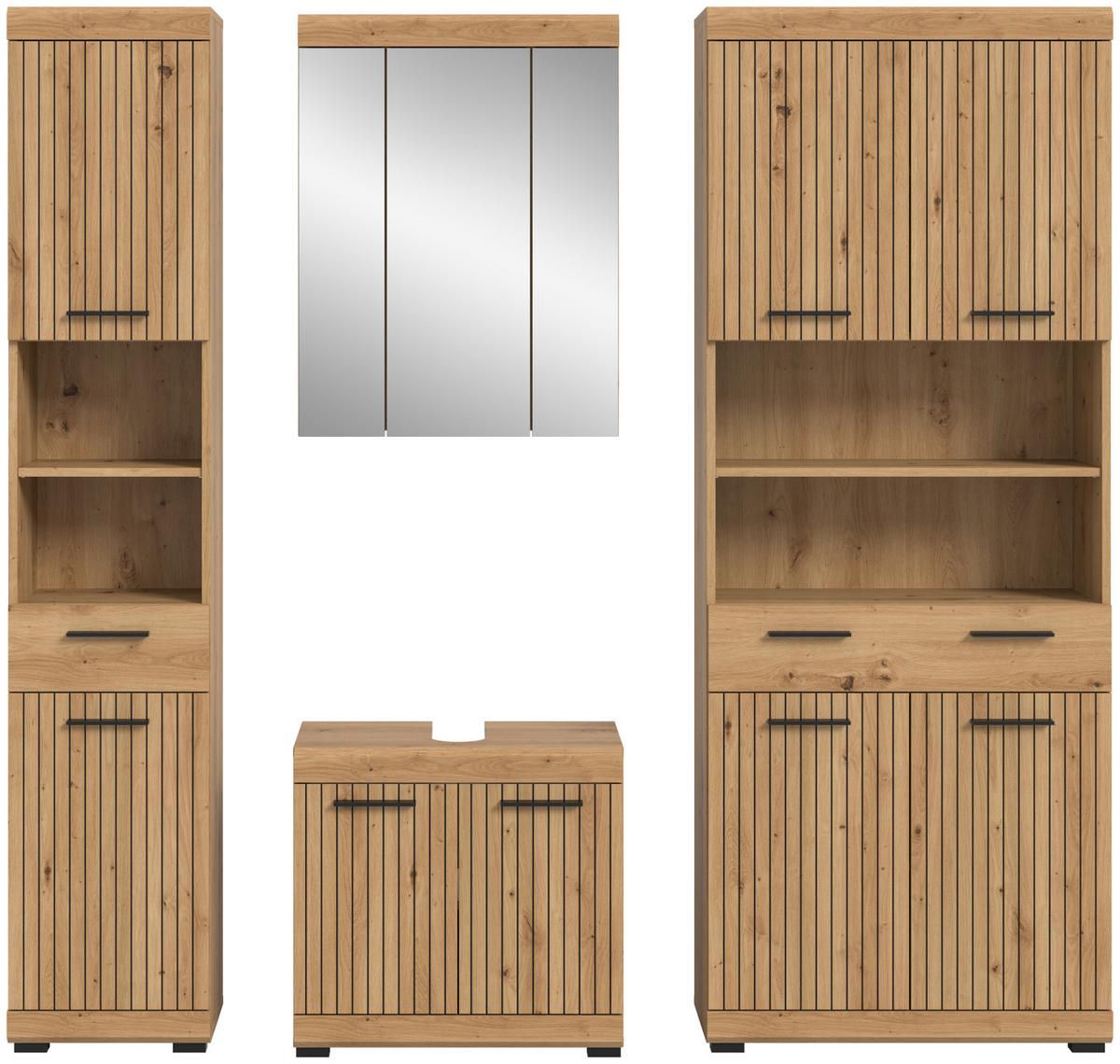 BADMÖBEL-SET Eiche Artisan 200 x 191 cm 4-teilig, Komplettset mit viel Stauraum - Schwarz/Eiche Artisan, Glas/Holzwerkstoff (201/191/34cm) - Inn.Furn