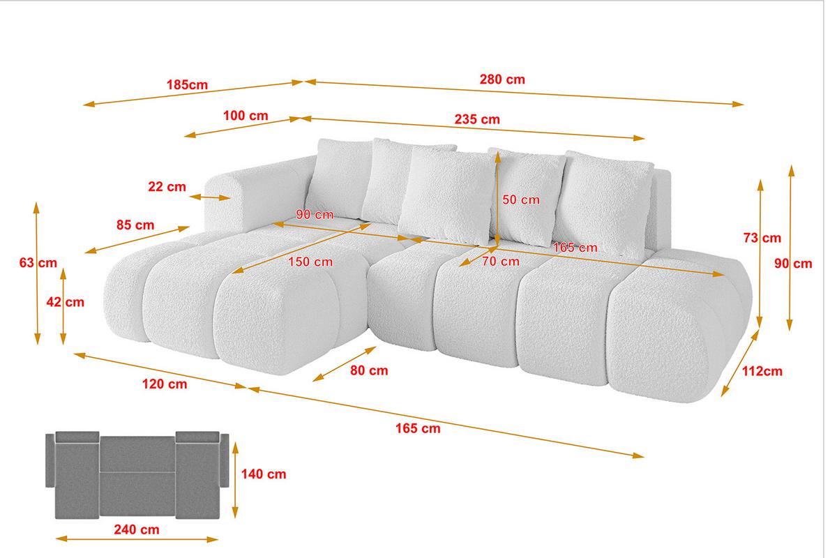 ECKSOFA Ottomane Links CLOUD-L-v1 280x185x90 Weiß Bouclé - Weiß, Holzwerkstoff/Kunststoff (180/289cm) - ALTDECOR