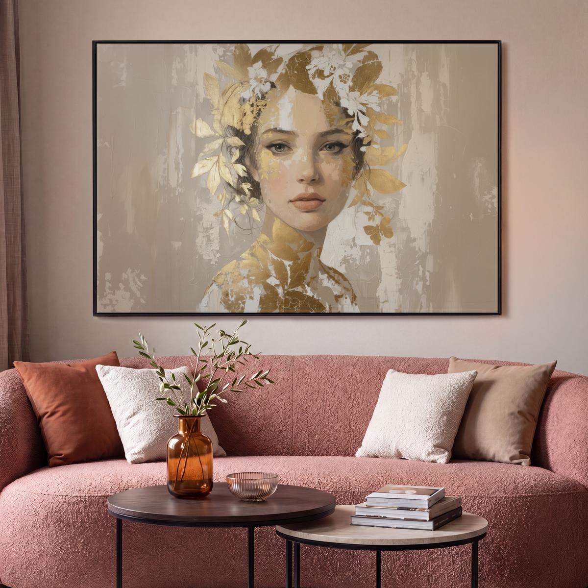 LEINWAND Bilder mit Rahmen - Gesicht - Frau - Blätter - Gold - 140x90 - Beige, Textil (140/90cm) - MuchoWow