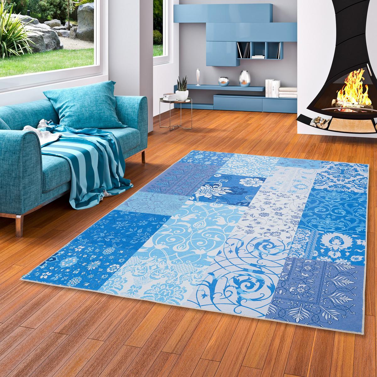 LUXUS VINTAGE DESIGNERTEPPICH PATCHWORK - Blau, Textil (130/190cm) - Pergamon