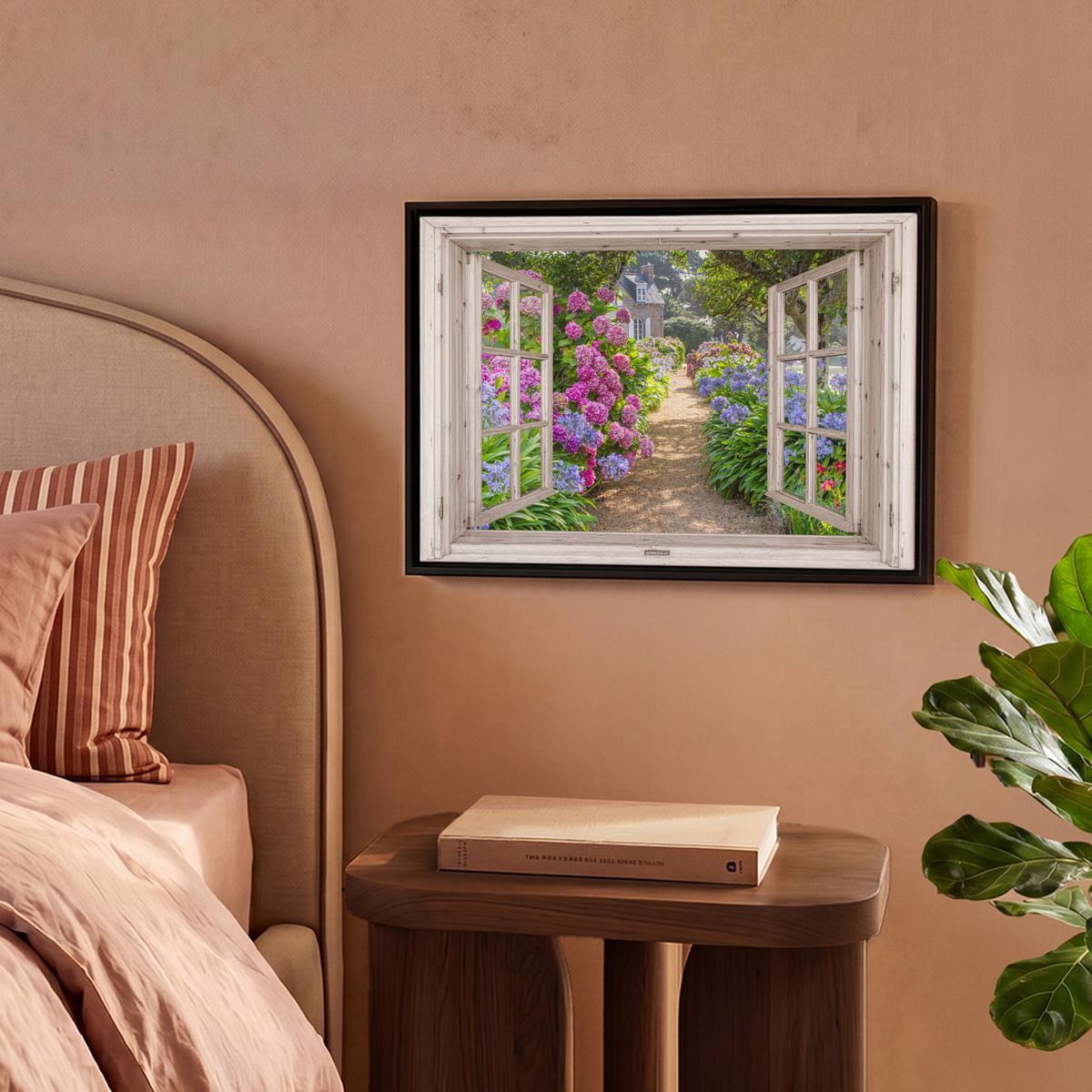 LEINWAND Bilder mit Rahmen - Hortensie - Durchsichtig - Blumen - Sommer - Lila - Weg - 40x30 - Lila, Textil (40/30cm) - MuchoWow