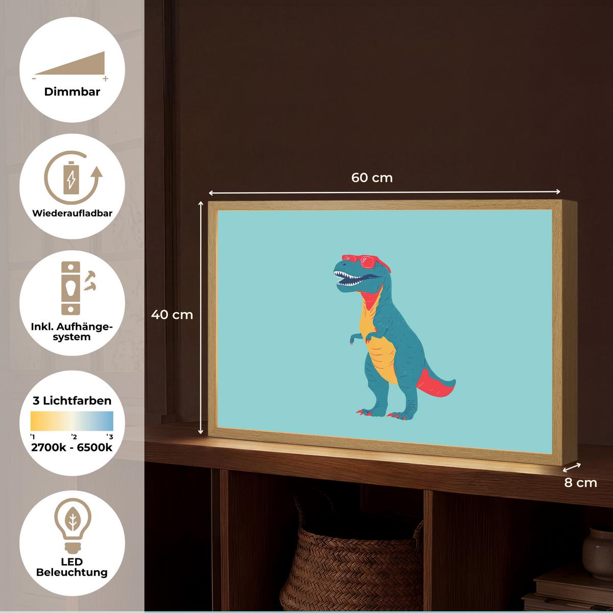 WANDLEUCHTE MIT AKKU Dinosaurier - Blau - Sonnenbrille 60x40 cm - Hellblau, Holzwerkstoff (60/40/8cm) - OnlyWow
