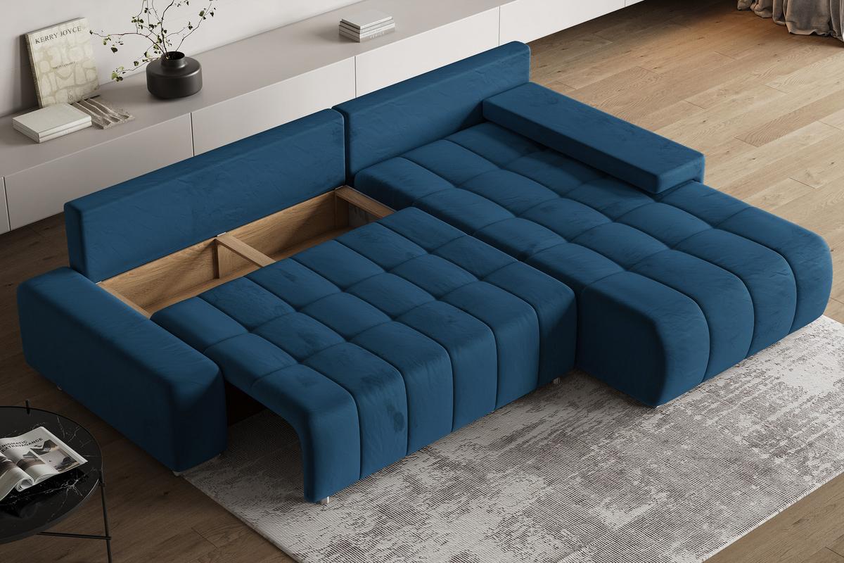 ECKSOFA ALESE R-S Blau Velours-Stoff mit Schlaffunktion - Blau/Silberfarben, Holz/Textil (265/185cm) - MASSENO