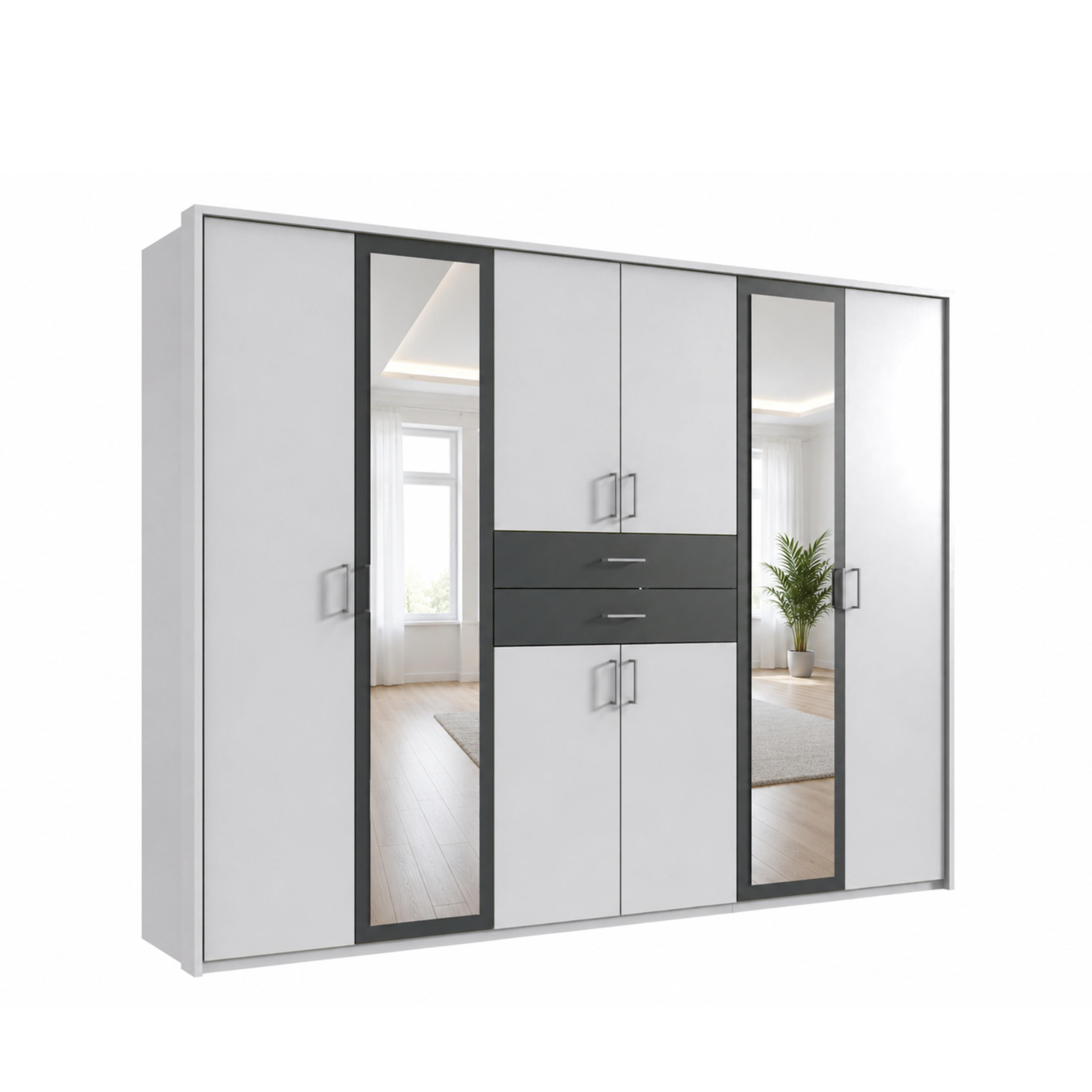 DREHTÜRENSCHRANK Kleiderschrank B273/H210/T58 cm mit Passepartout, Schubkästen & 2 Spiegeltüren, Weiß mit Absetzungen in Grafit / 22601 - Silberfarben/Graphitfarben, Holzwerkstoff/Kunststoff (273/210/58cm) - luma-home