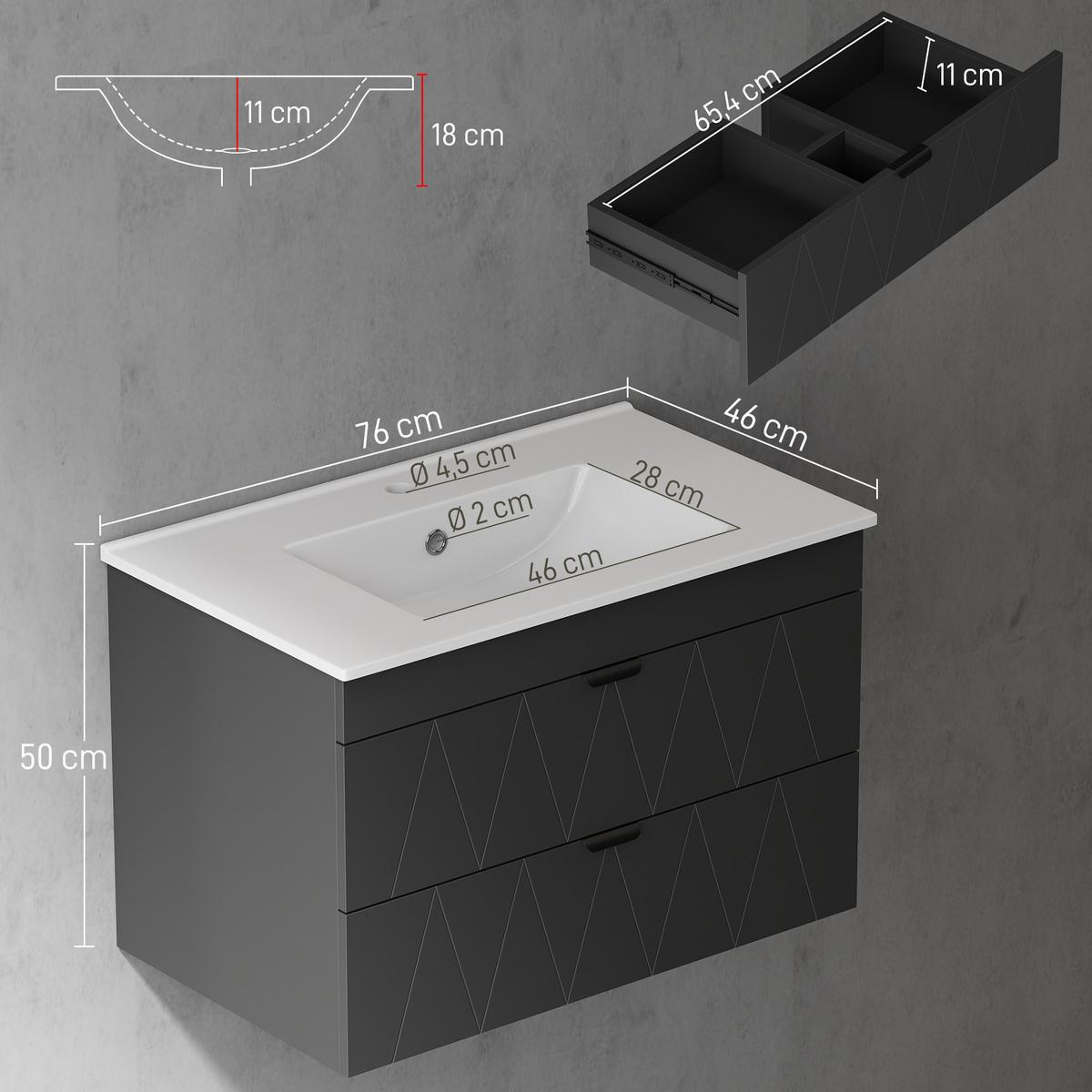 WASCHBECKENUNTERSCHRANK Hängend mit Keramikwaschbecken Schwarz - Schwarz, Holzwerkstoff/Metall (46/50/76cm) - HOMCOM